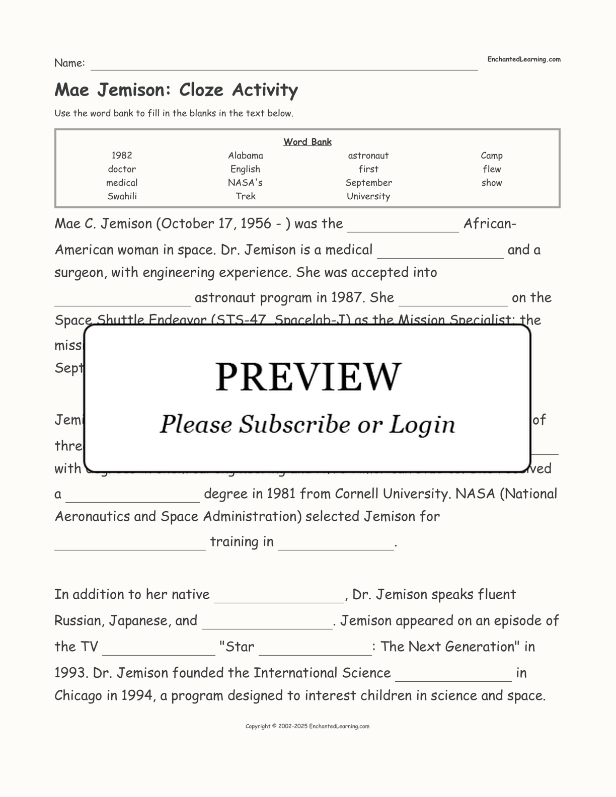 Mae Jemison: Cloze Activity interactive worksheet page 1