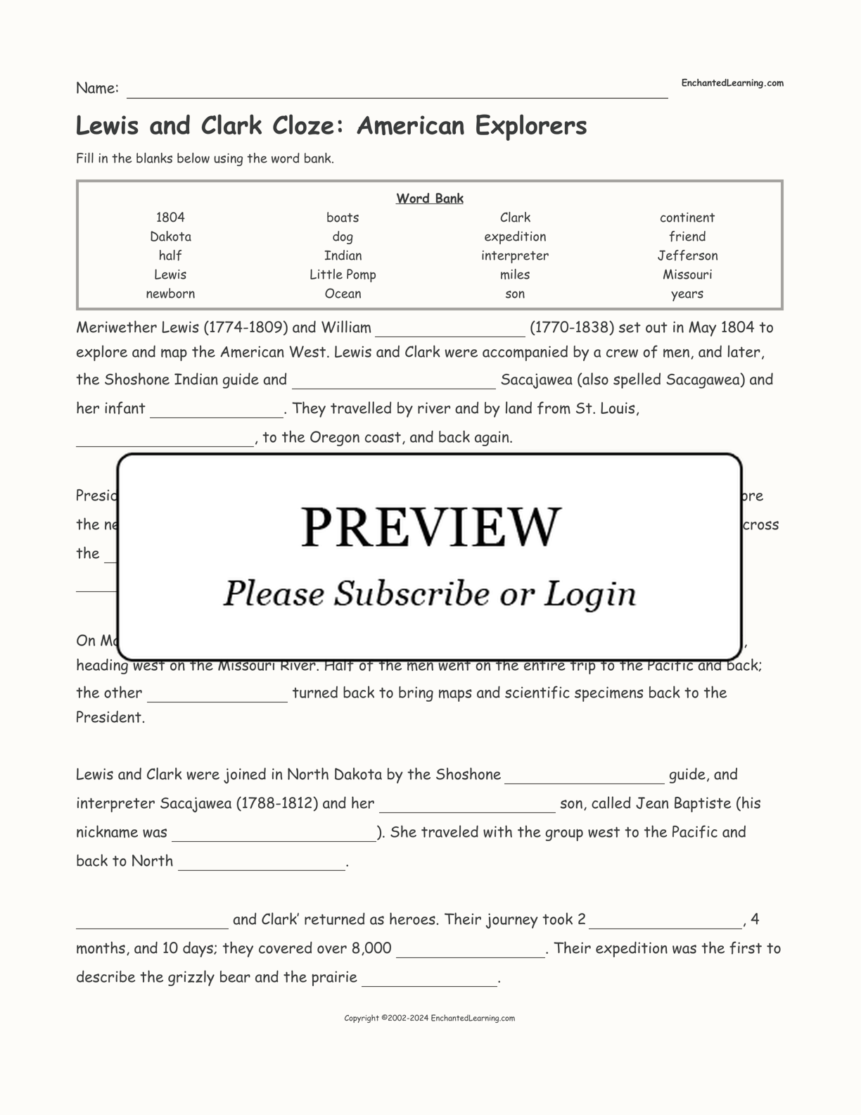 Lewis and Clark Cloze: American Explorers interactive worksheet page 1