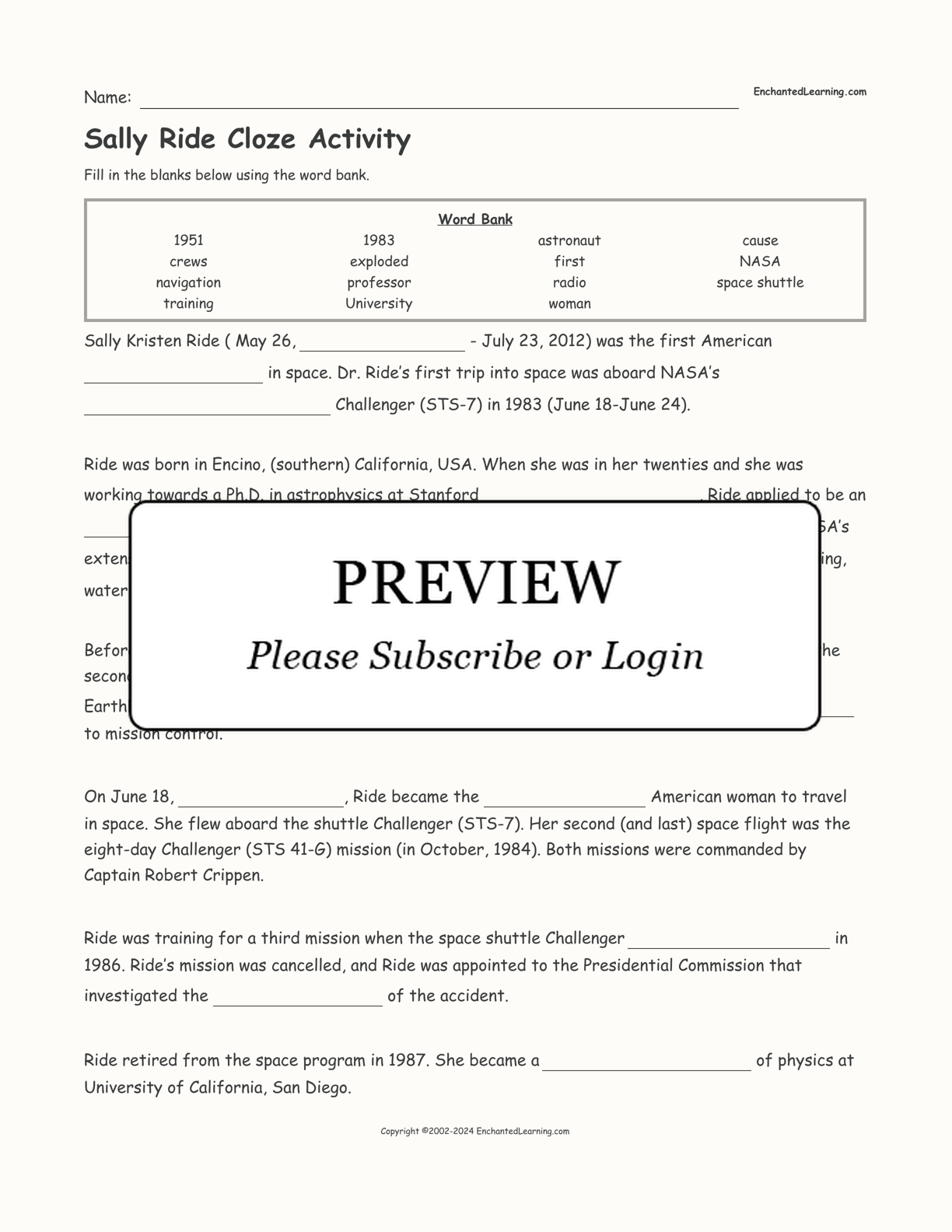 Sally Ride Cloze Activity interactive worksheet page 1
