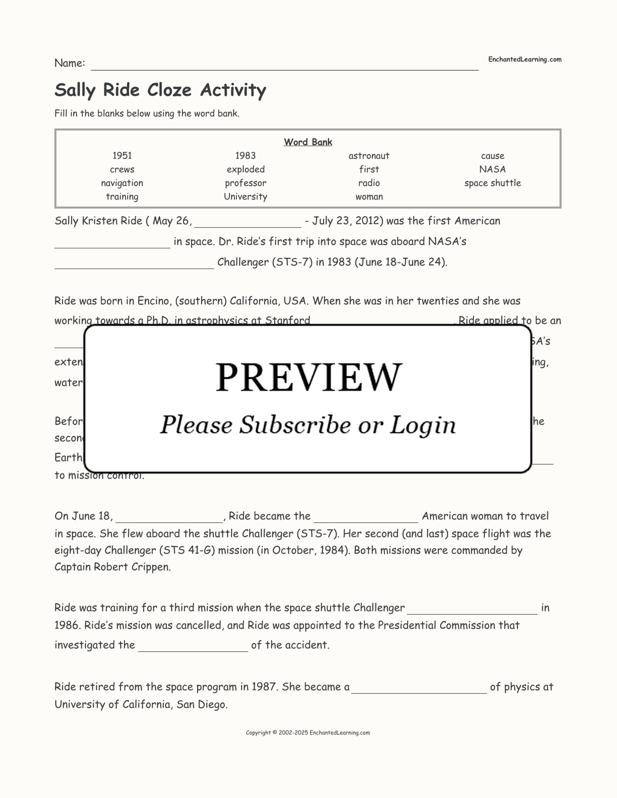 Sally Ride Cloze Activity interactive worksheet page 1