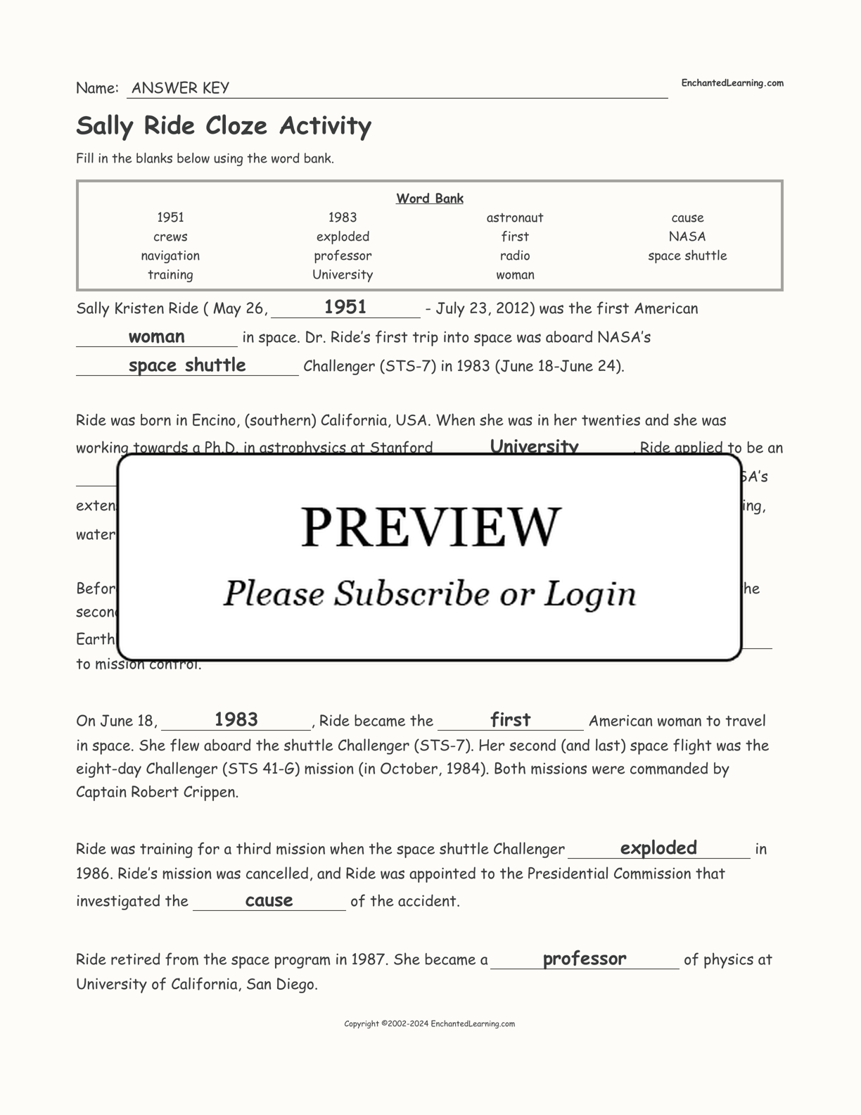 Sally Ride Cloze Activity interactive worksheet page 2
