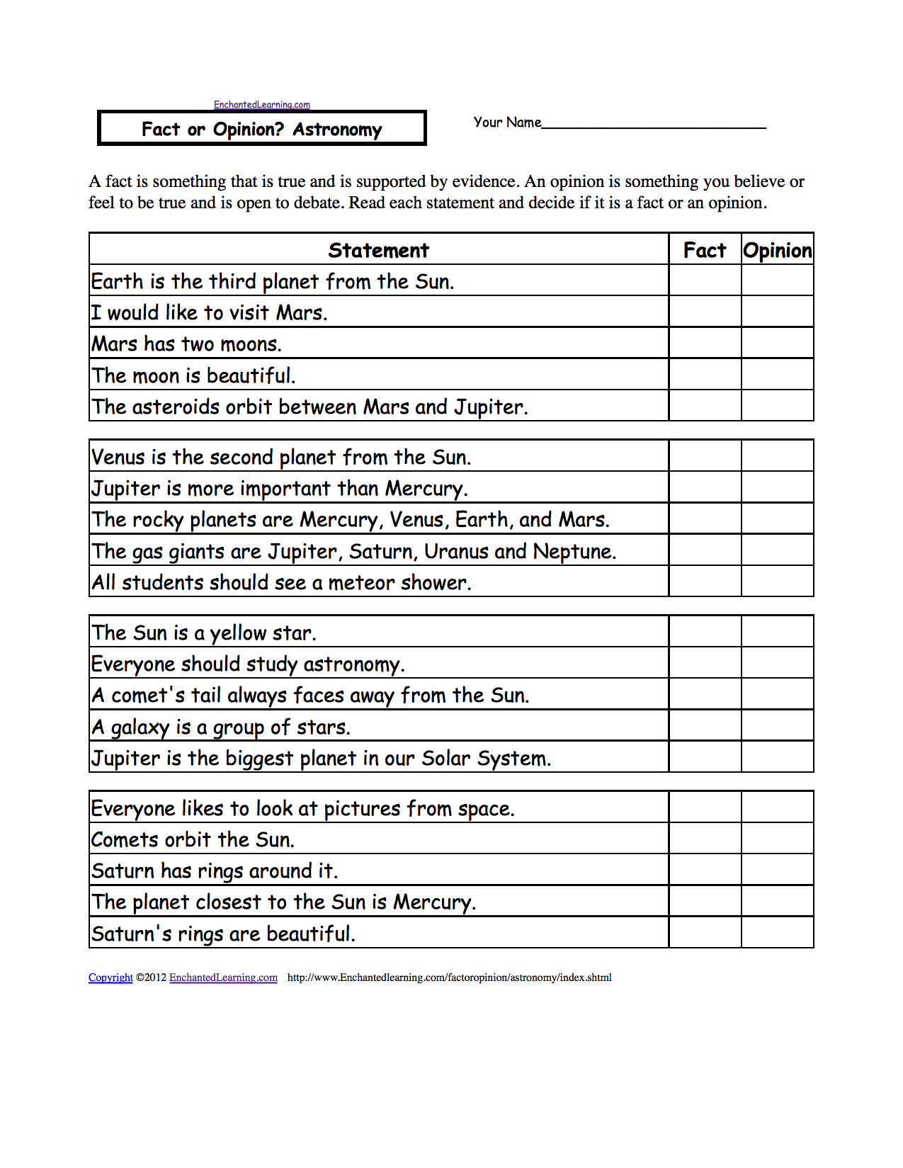 Fact Or Opinion Astronomy A Worksheet Enchantedlearningcom