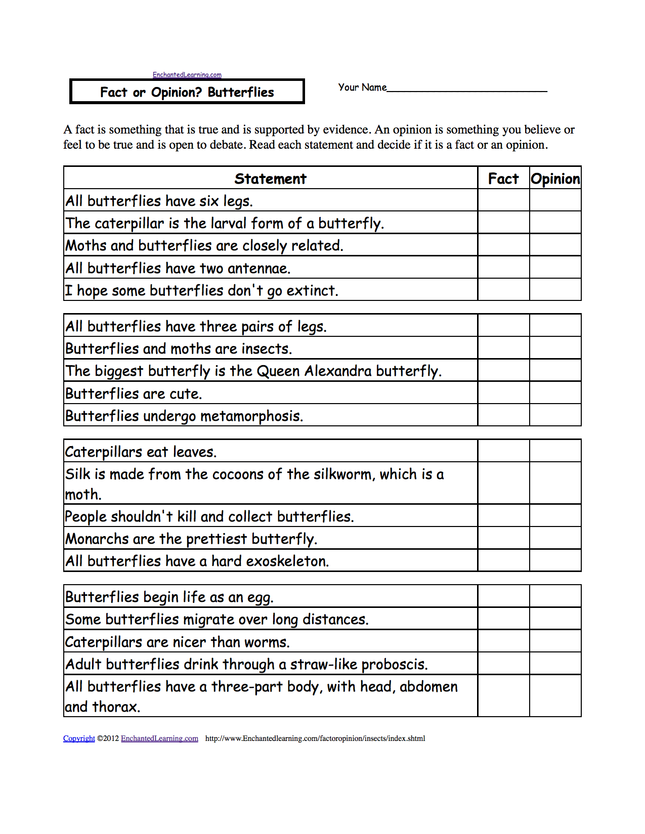 Fact or Opinion? Checkmark Worksheets to Print - EnchantedLearning.com With Fact Or Opinion Worksheet