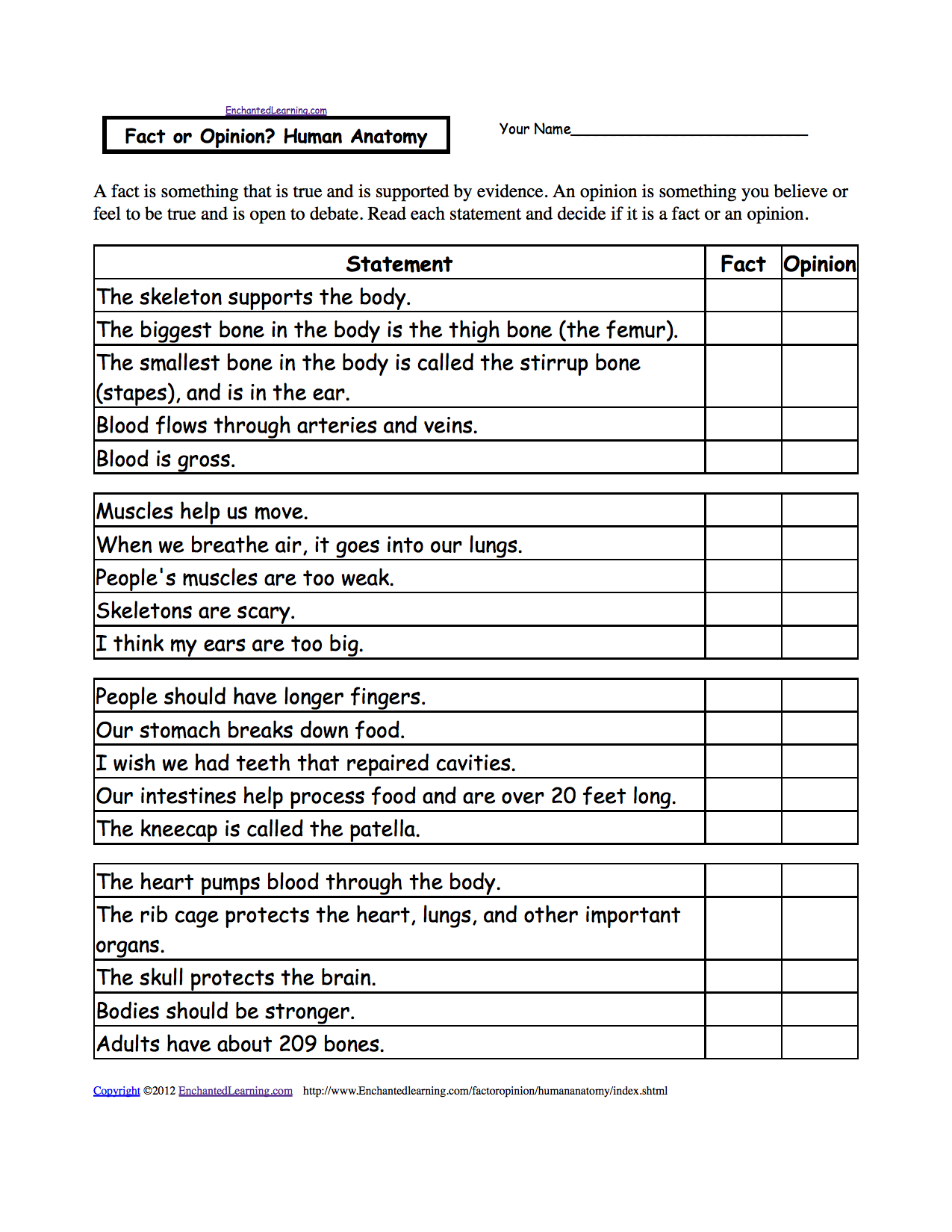 Fact or Opinion? Human Anatomy, A Worksheet. EnchantedLearning.com Within Food Inc Worksheet Answers