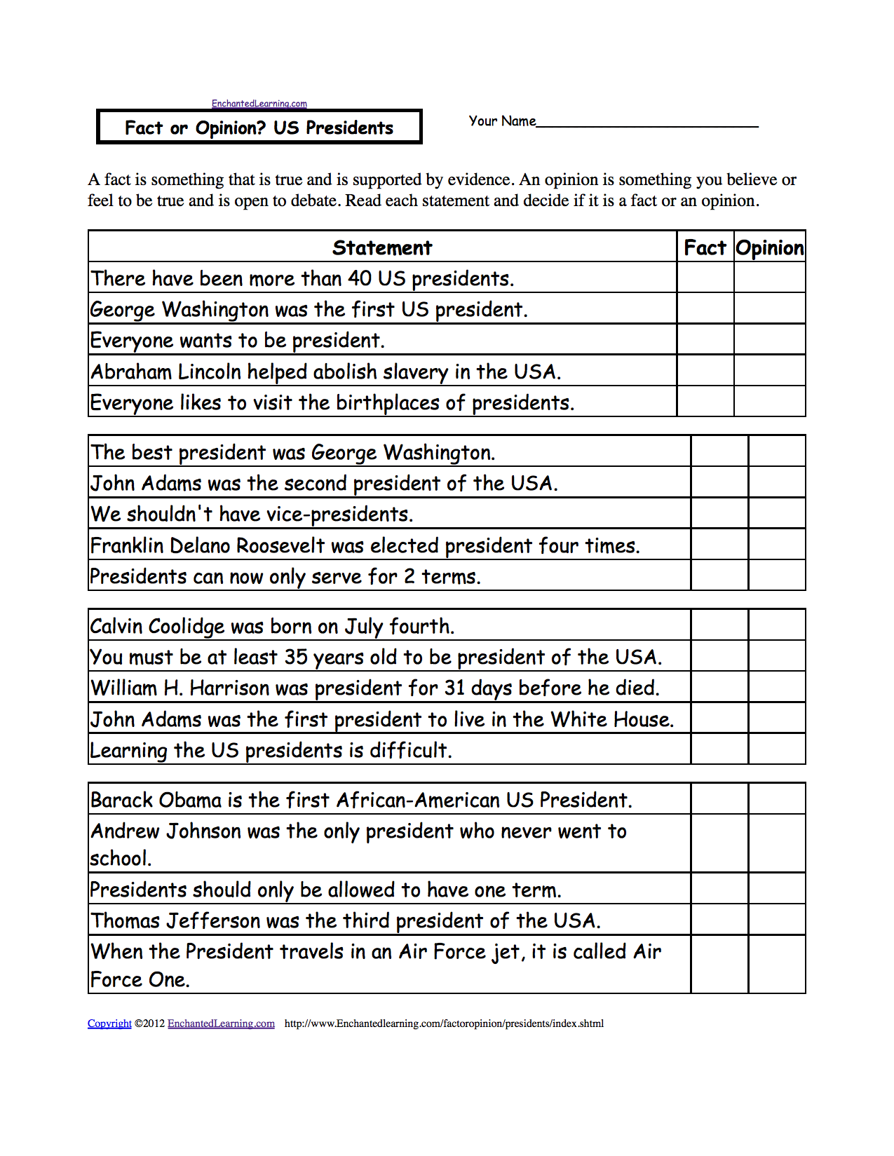 Fact Or Opinion Us Presidents A Worksheet Enchantedlearning Com