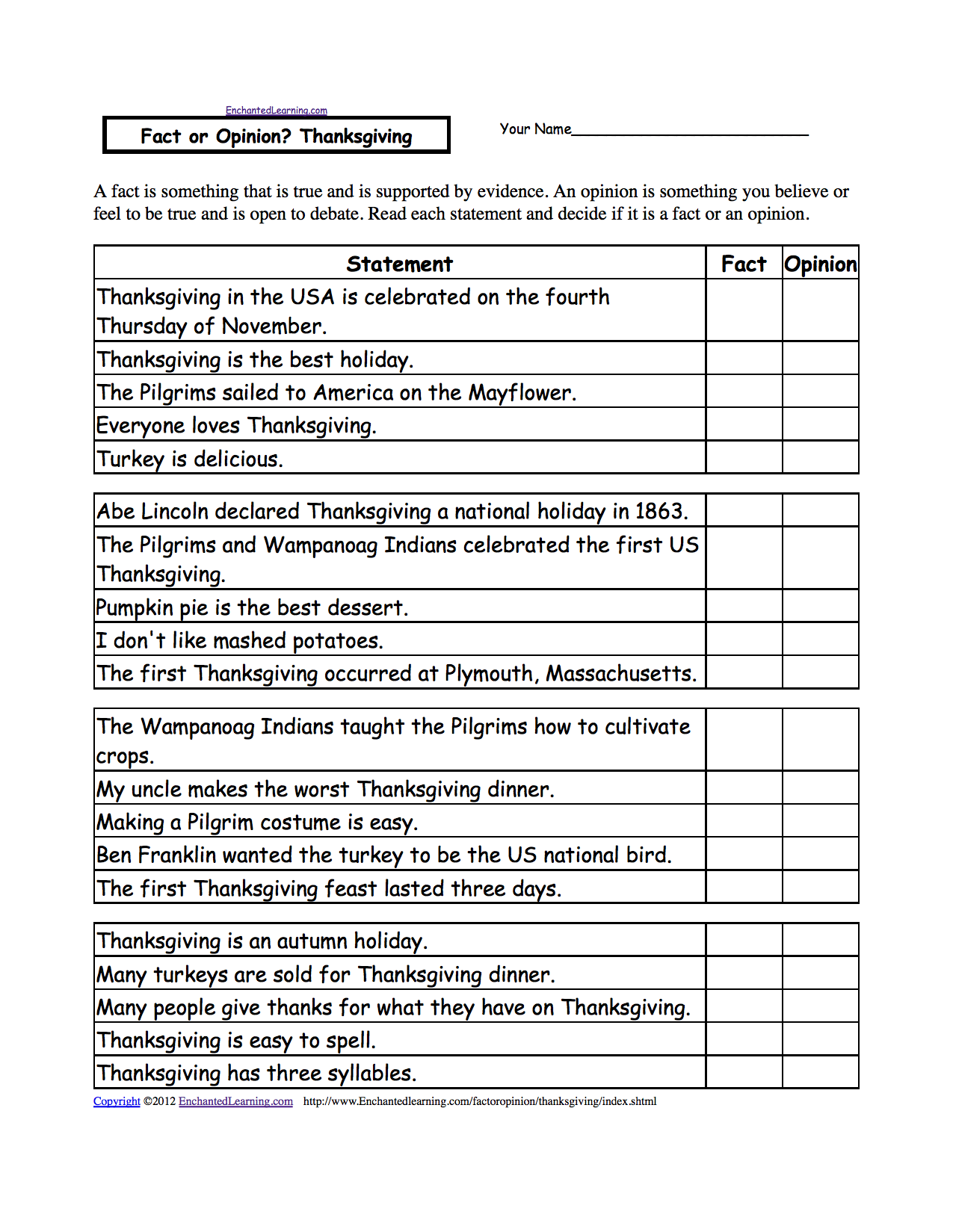 Fact or Opinion? Checkmark Worksheets to Print - EnchantedLearning.com Within Fact Or Opinion Worksheet