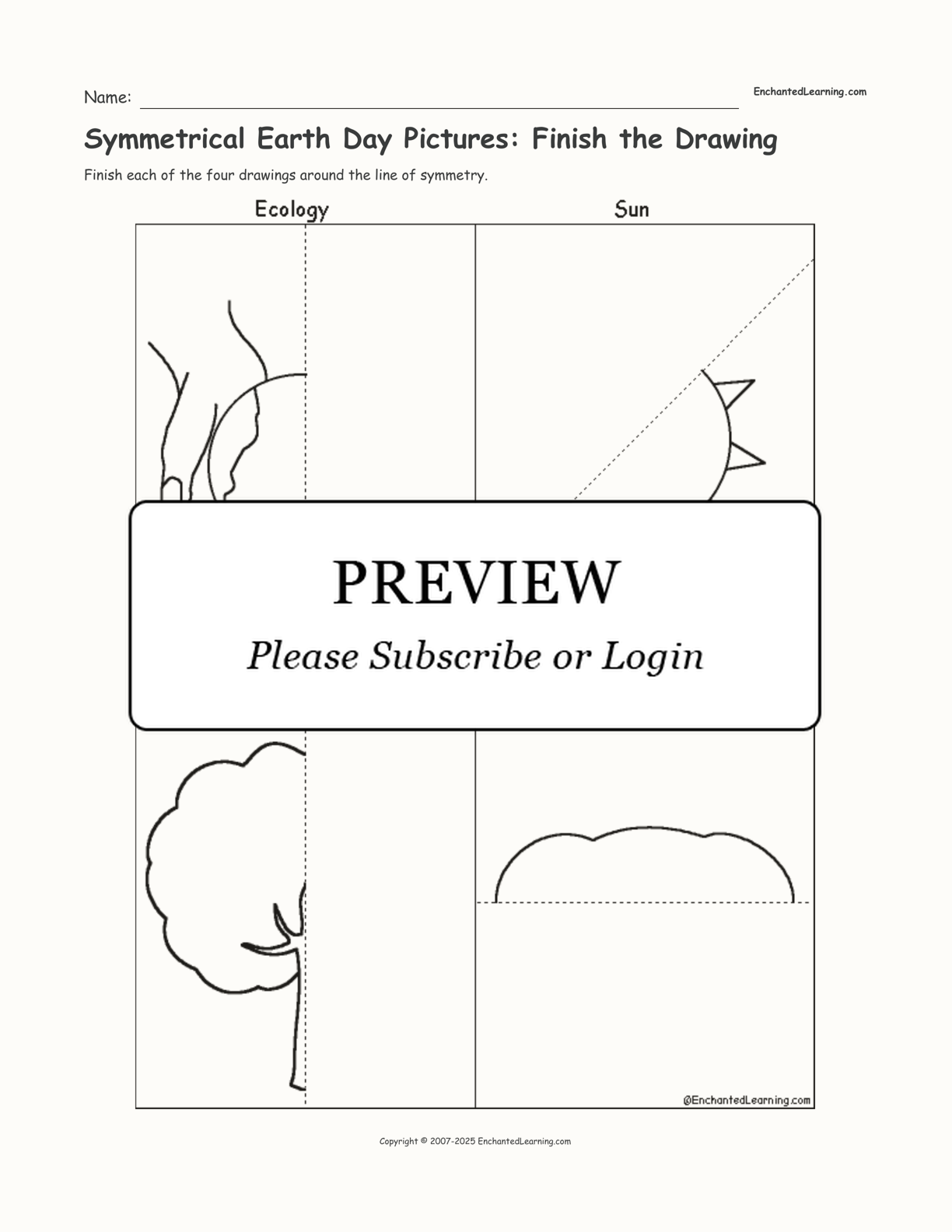 Symmetrical Earth Day Pictures: Finish the Drawing interactive worksheet page 1