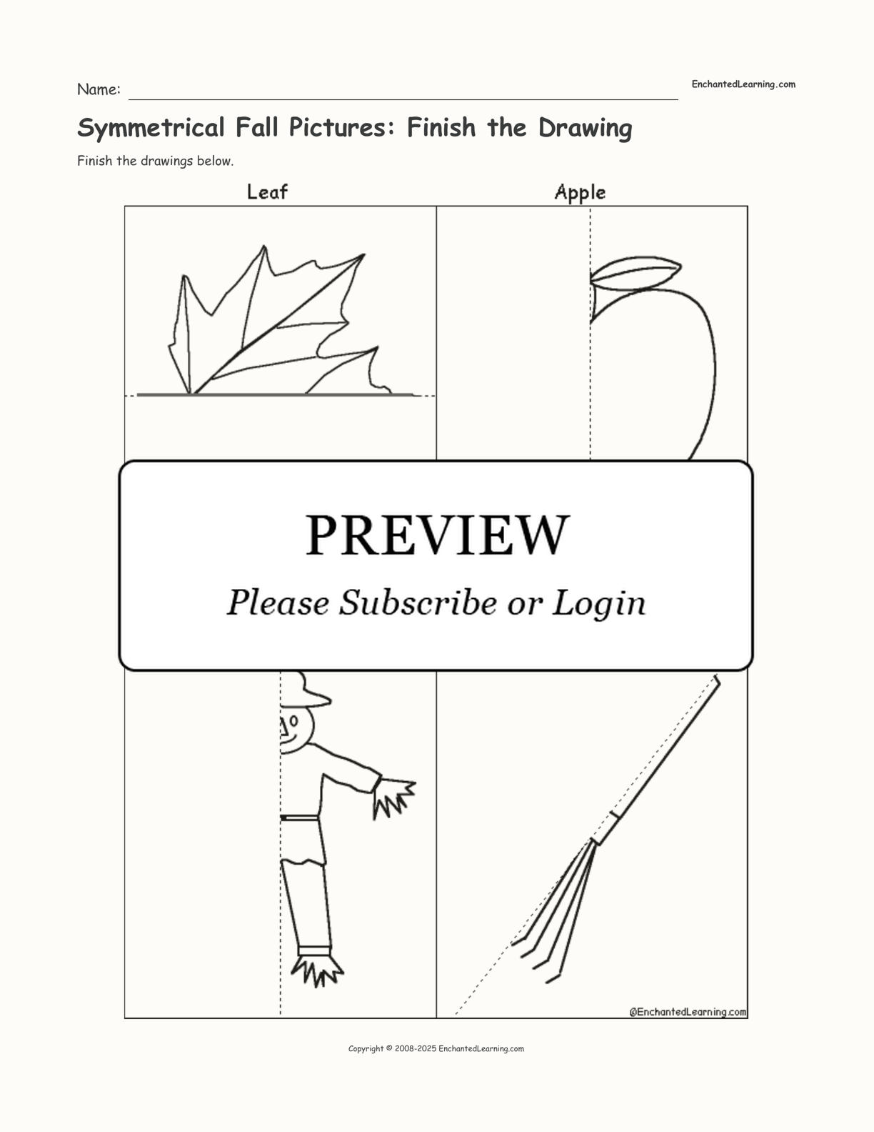 Symmetrical Fall Pictures: Finish the Drawing interactive worksheet page 1