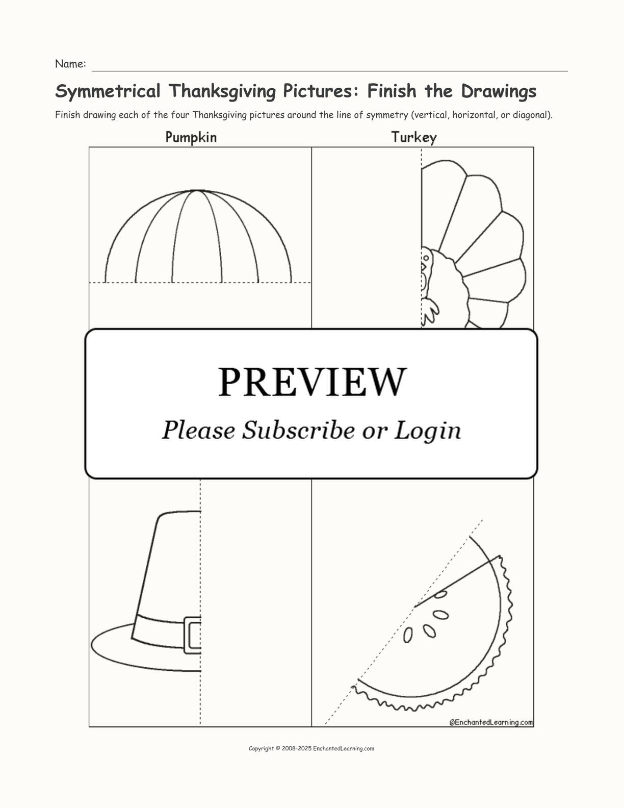 Symmetrical Thanksgiving Pictures: Finish the Drawings interactive worksheet page 1