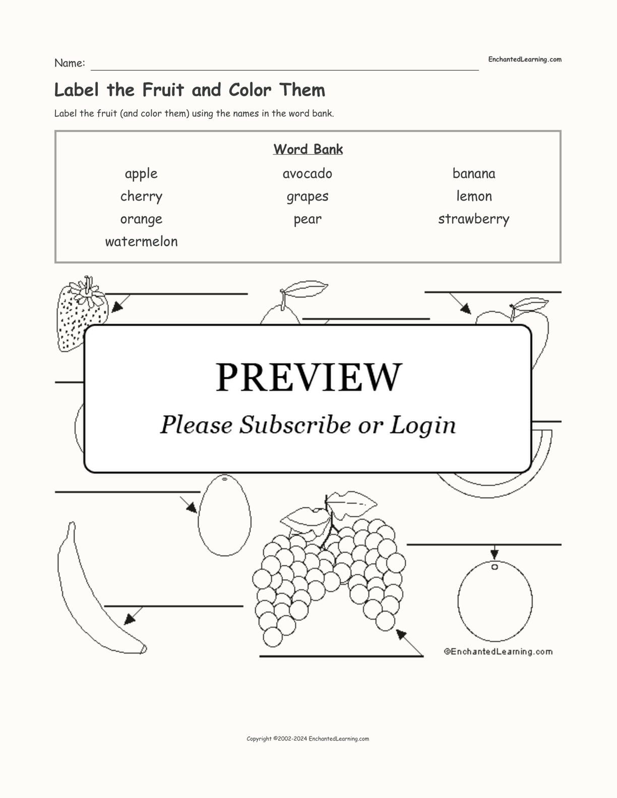 Label the Fruit and Color Them interactive worksheet page 1
