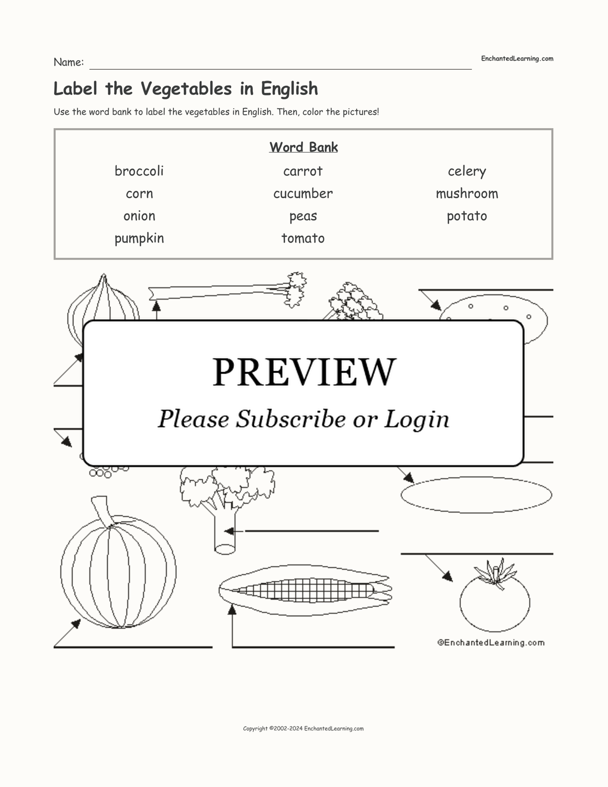 Label the Vegetables in English interactive worksheet page 1