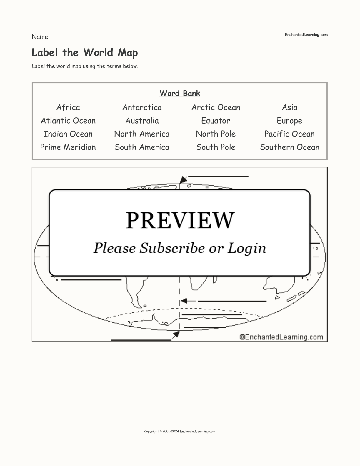 Label the World Map - Enchanted Learning Pertaining To Parts Of A Map Worksheet