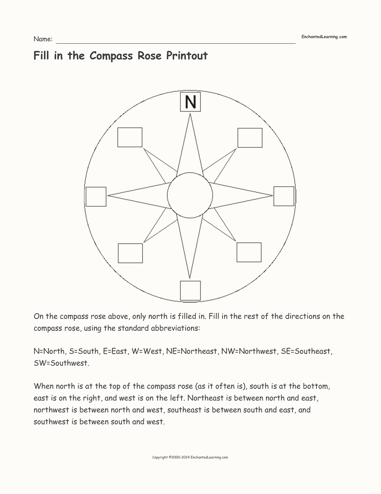 Fill in the Compass Rose Printout interactive worksheet page 1