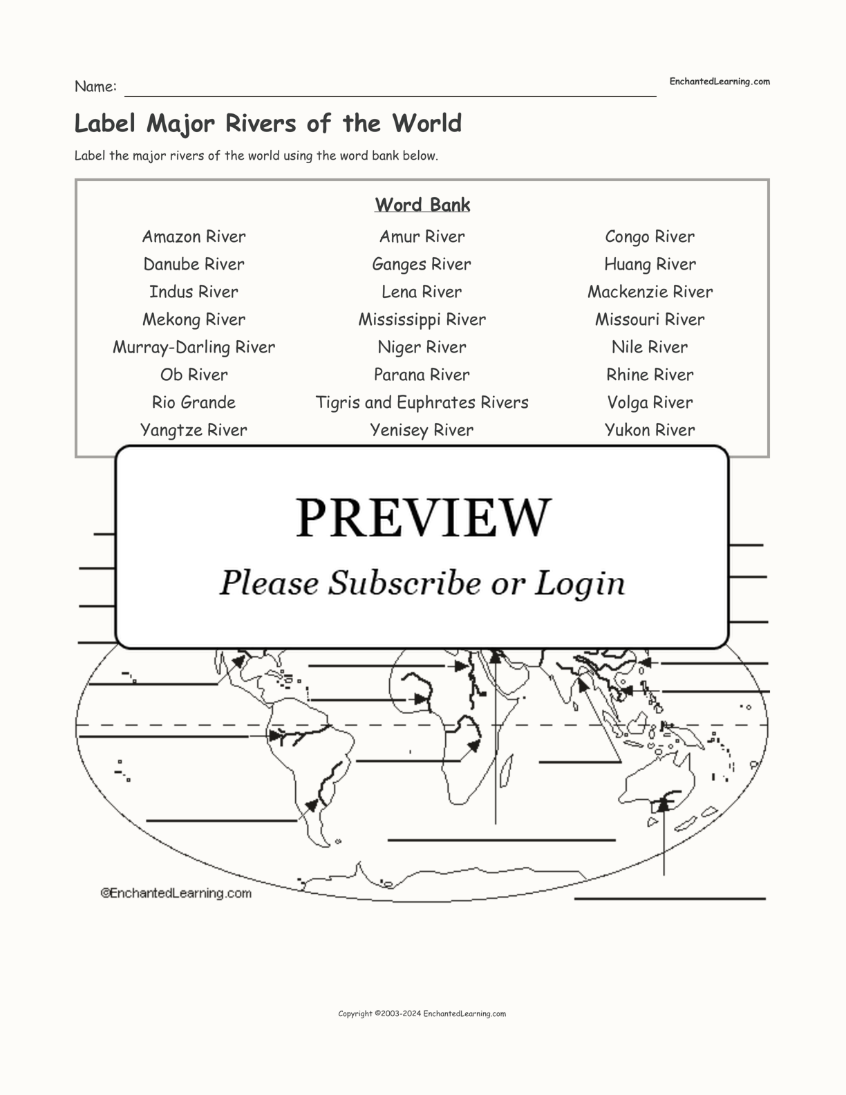 Label Major Rivers of the World interactive worksheet page 1