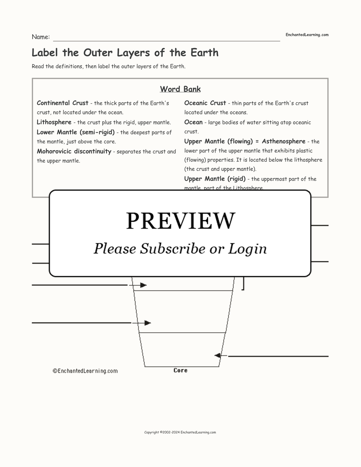 Label the Outer Layers of the Earth interactive worksheet page 1