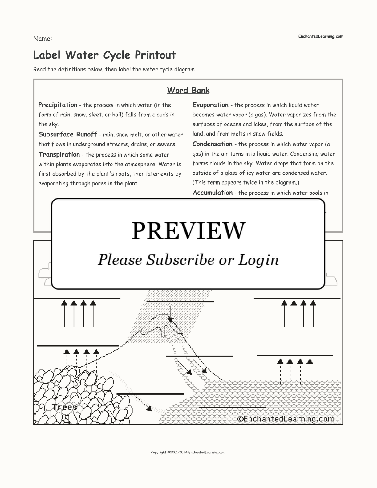 Label Water Cycle Printout interactive worksheet page 1