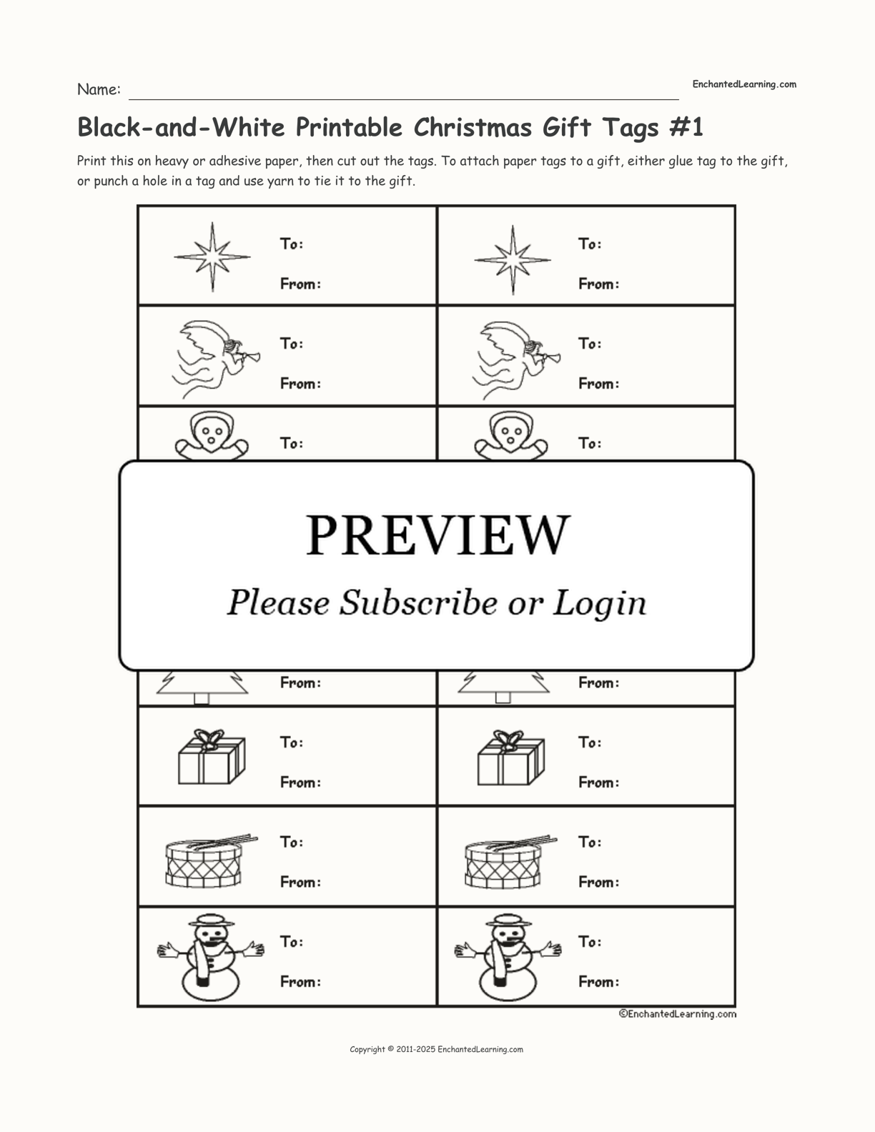 Black-and-White Printable Christmas Gift Tags #1 interactive printout page 1