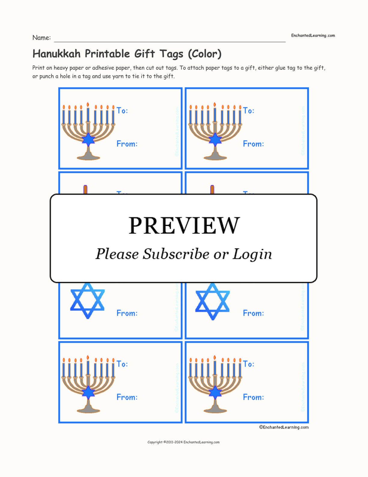 Hanukkah Printable Gift Tags (Color) interactive printout page 1