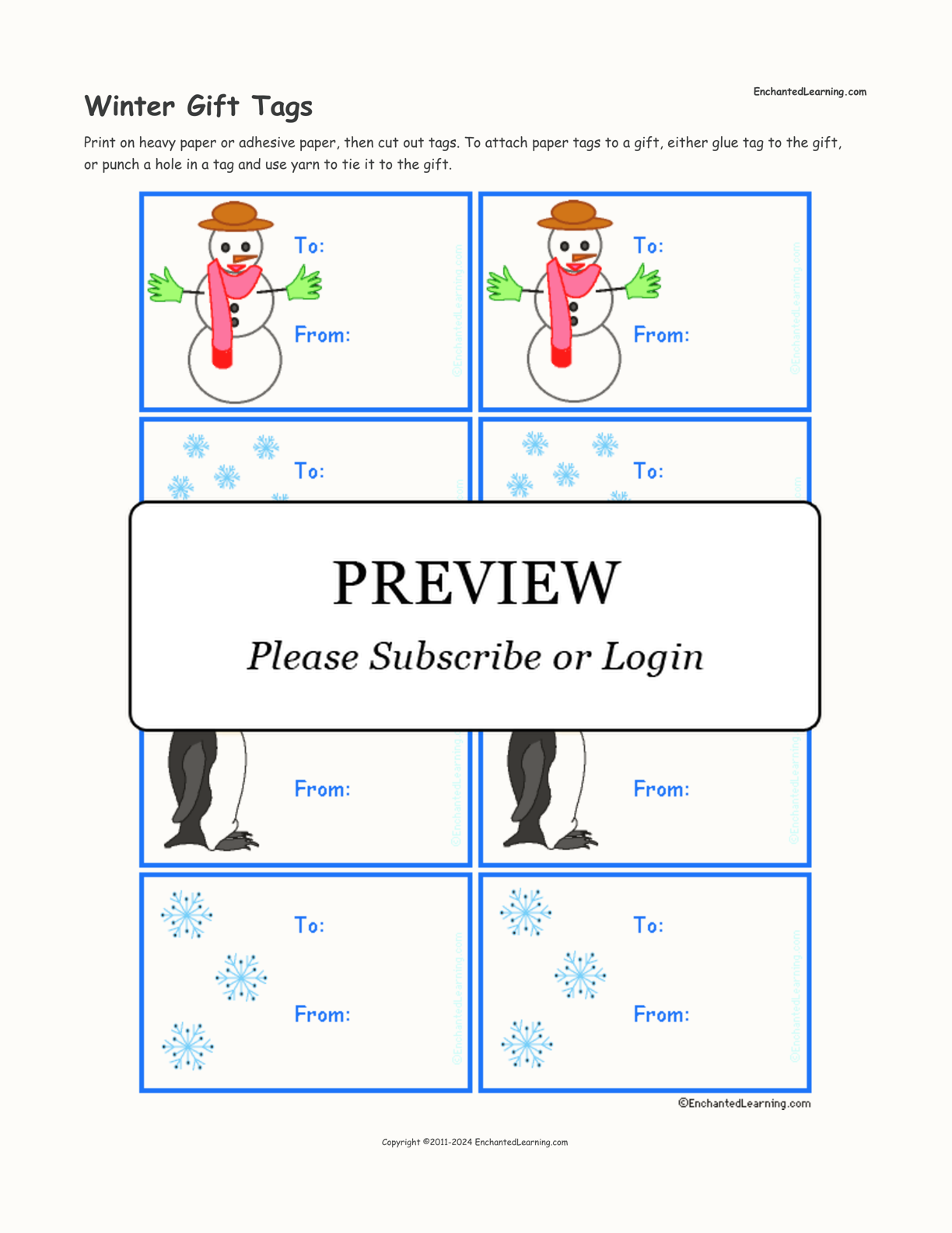 Winter Gift Tags interactive printout page 1