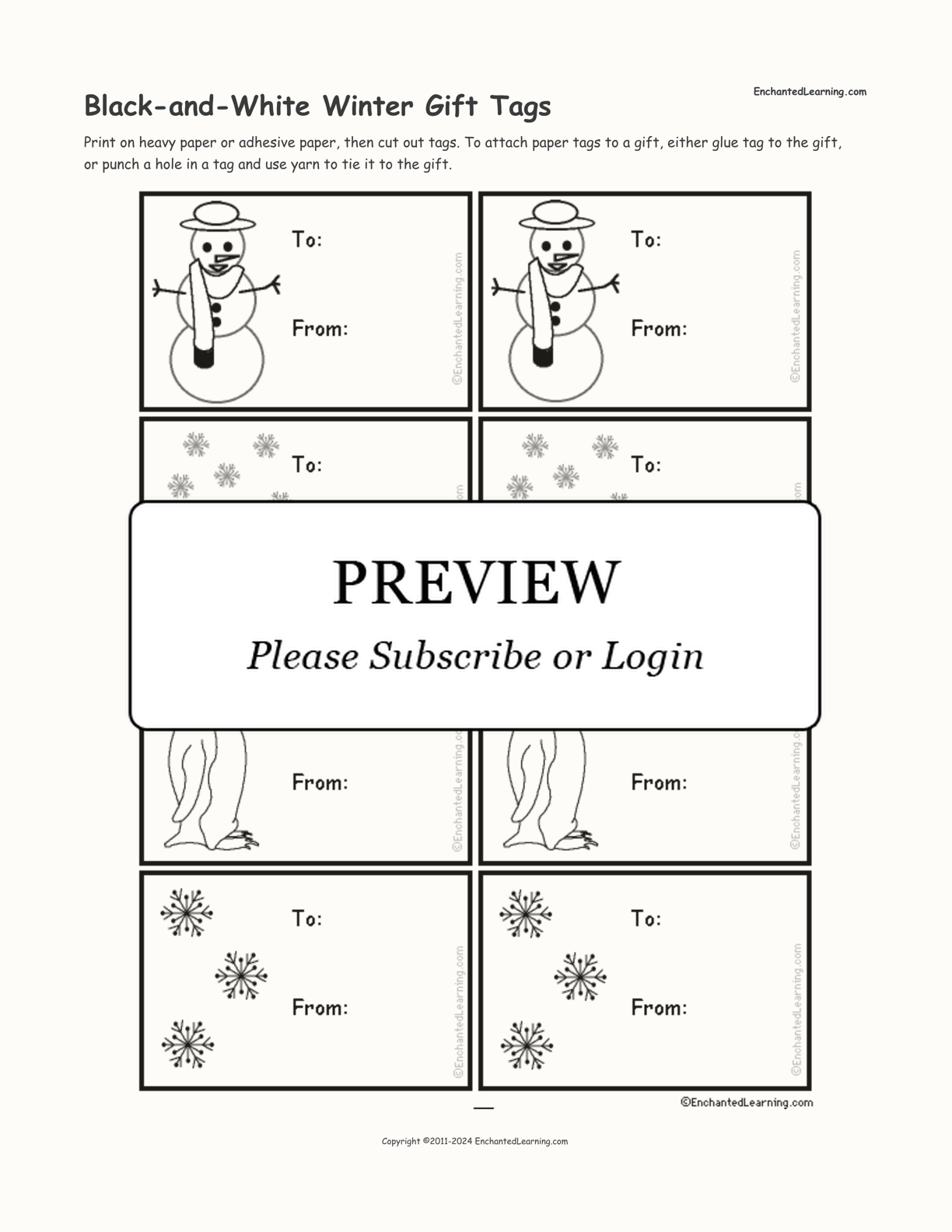 Black-and-White Winter Gift Tags interactive printout page 1