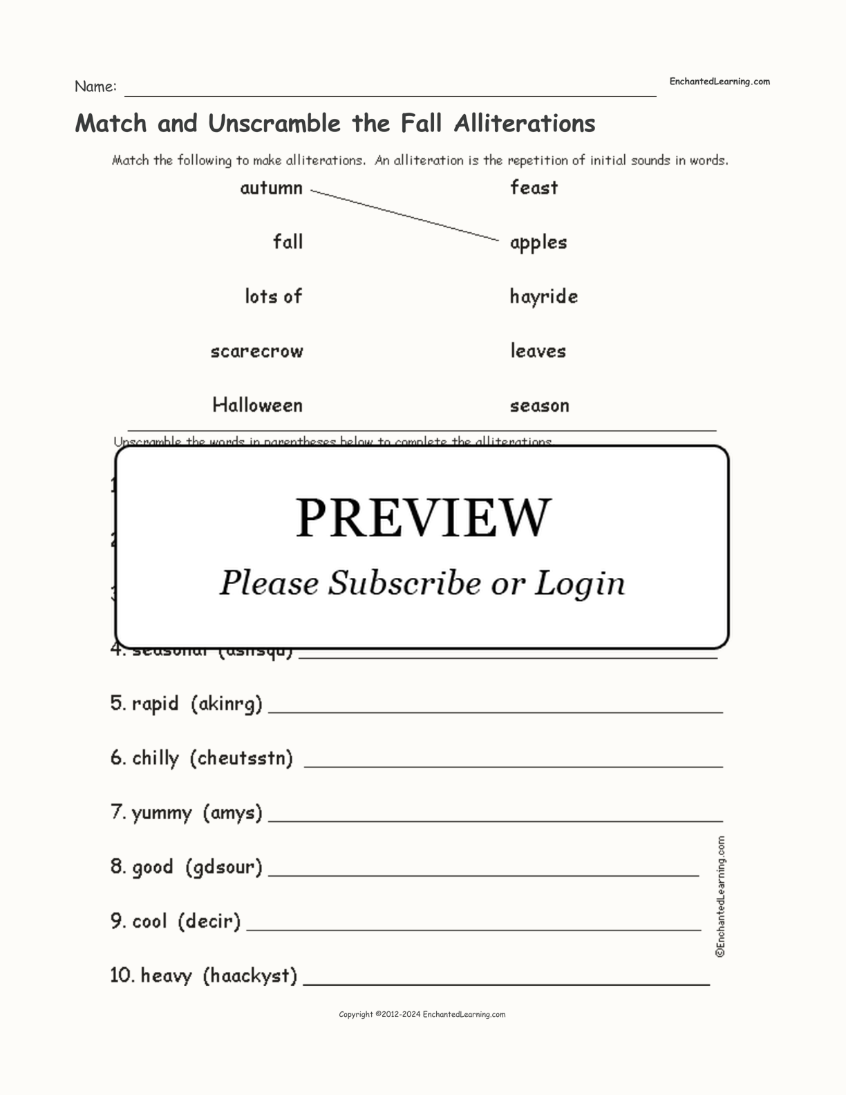 Match and Unscramble the Fall Alliterations interactive worksheet page 1