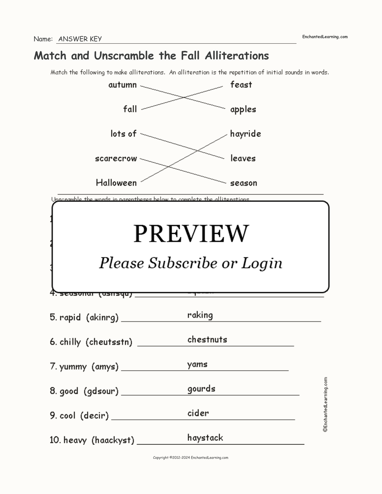 Match and Unscramble the Fall Alliterations interactive worksheet page 2