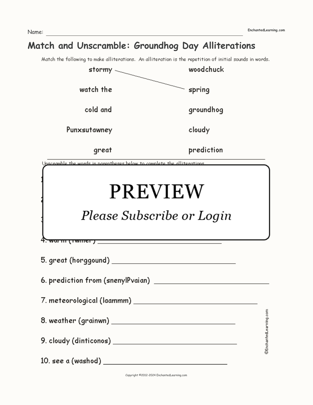 Match and Unscramble: Groundhog Day Alliterations interactive worksheet page 1