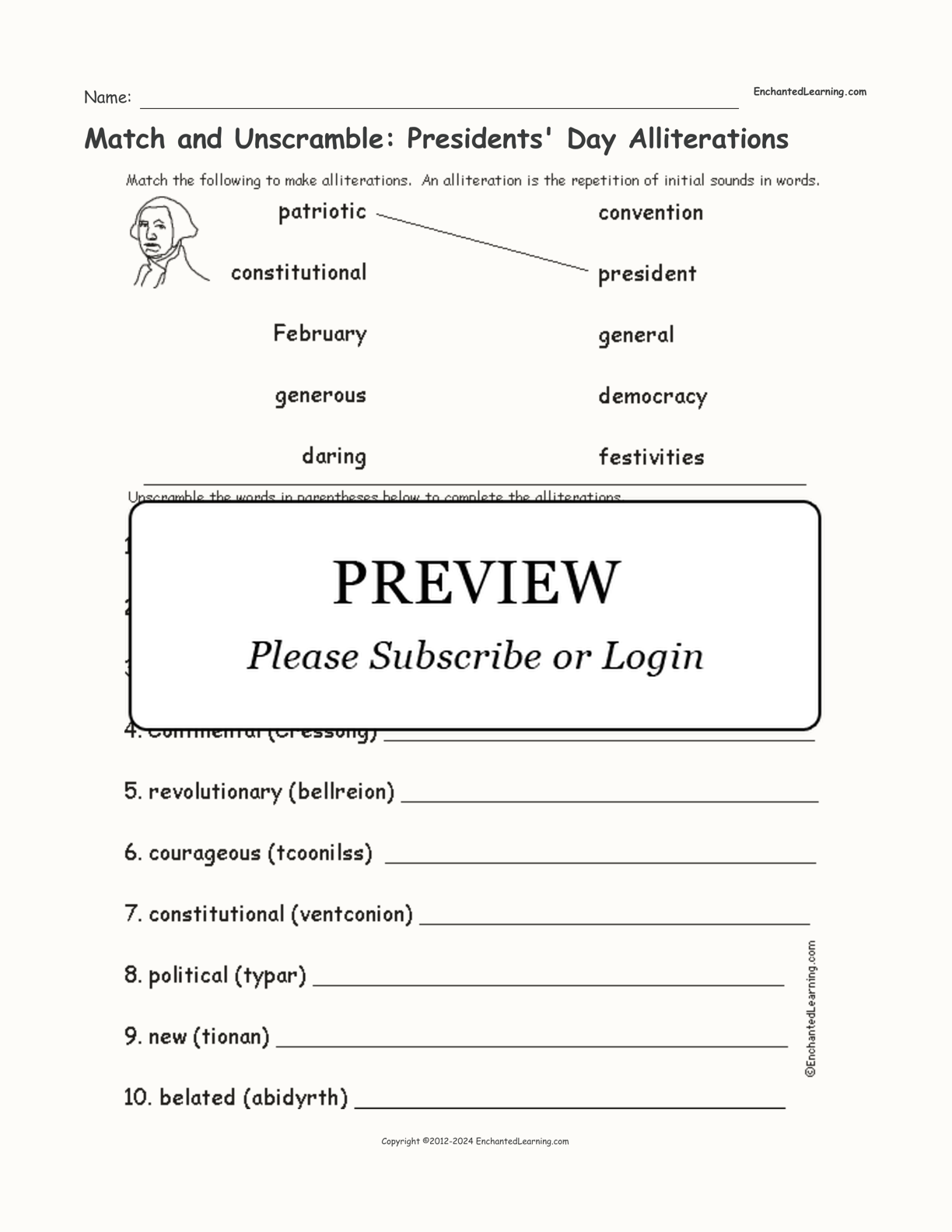 Match and Unscramble: Presidents' Day Alliterations interactive worksheet page 1