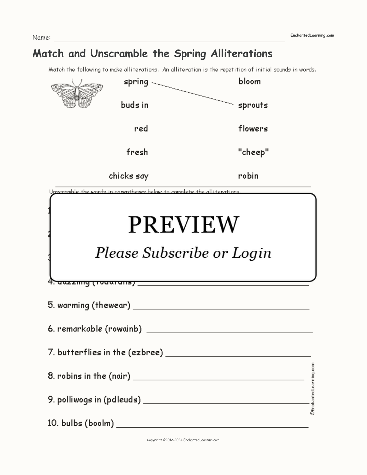 Match and Unscramble the Spring Alliterations interactive worksheet page 1