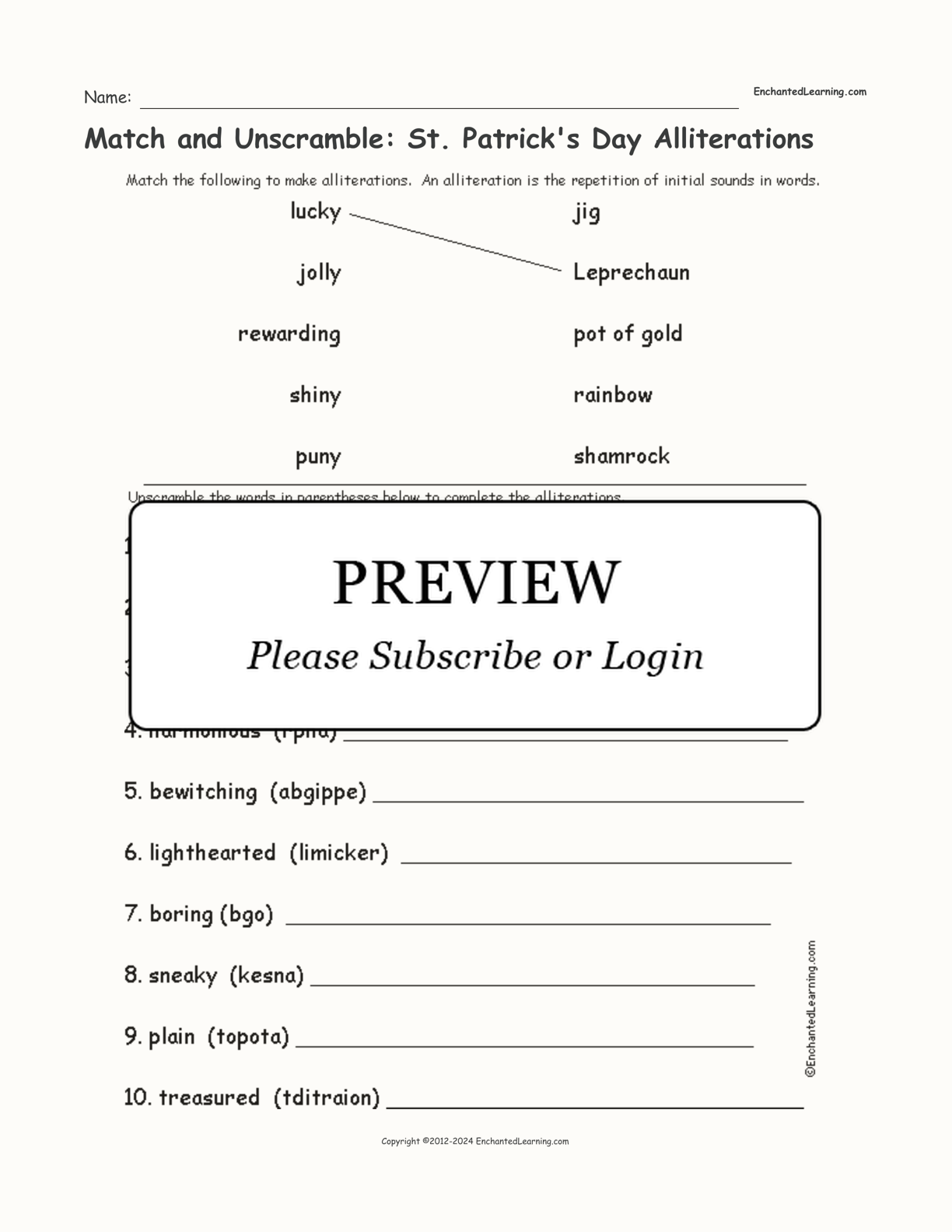 Match and Unscramble: St. Patrick's Day Alliterations interactive worksheet page 1