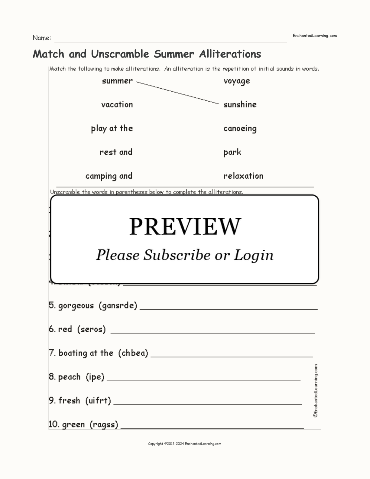 Match and Unscramble Summer Alliterations interactive worksheet page 1