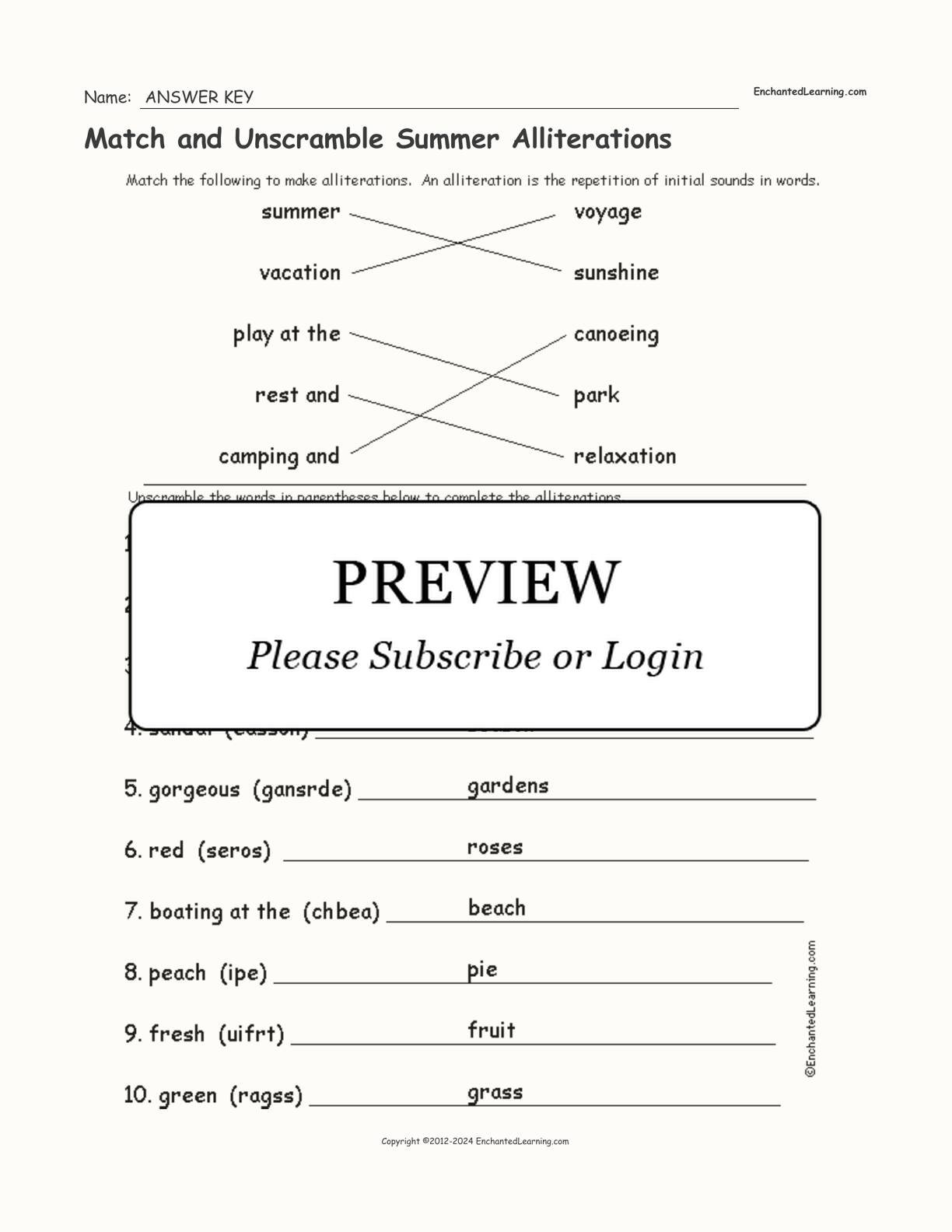 Match and Unscramble Summer Alliterations interactive worksheet page 2