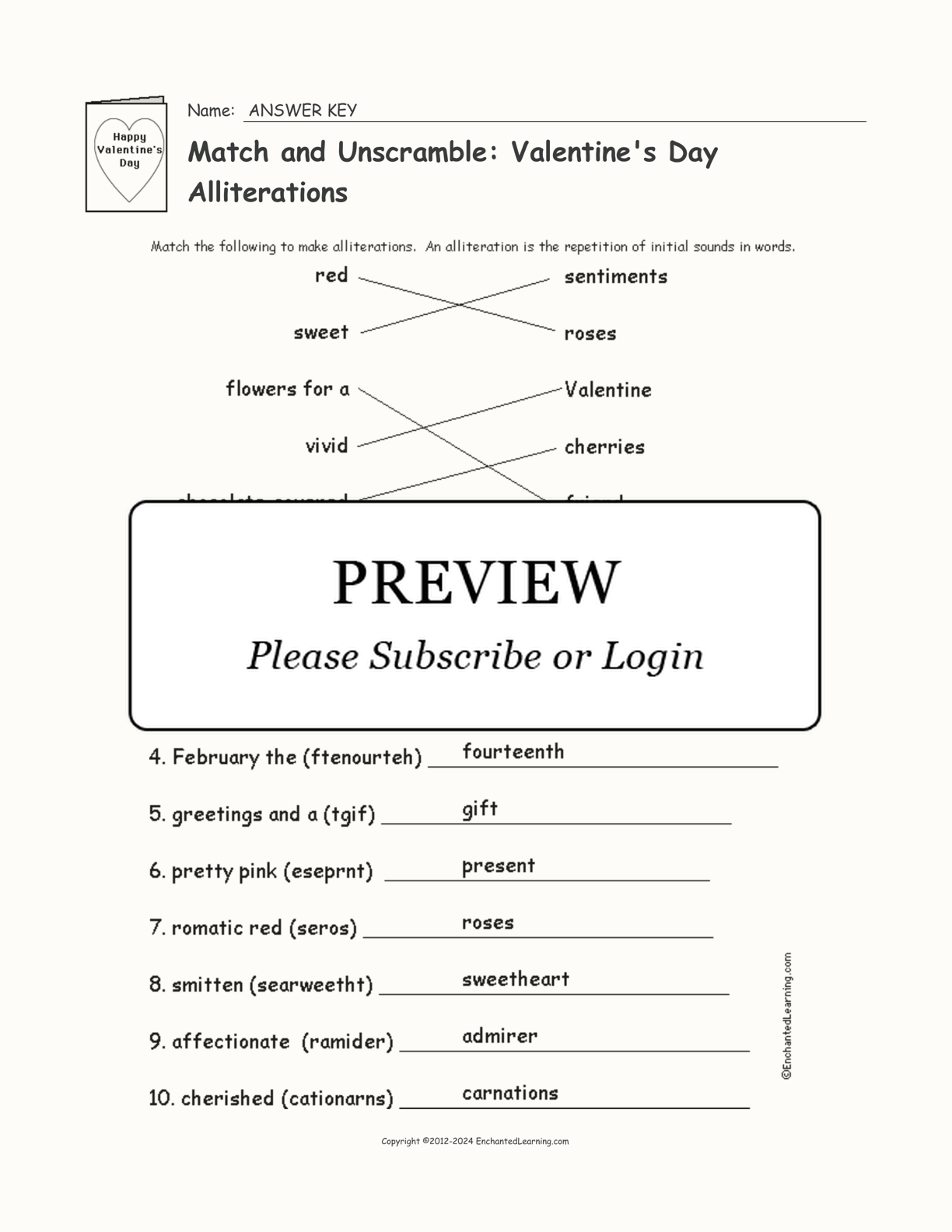 Match and Unscramble: Valentine's Day Alliterations interactive worksheet page 2