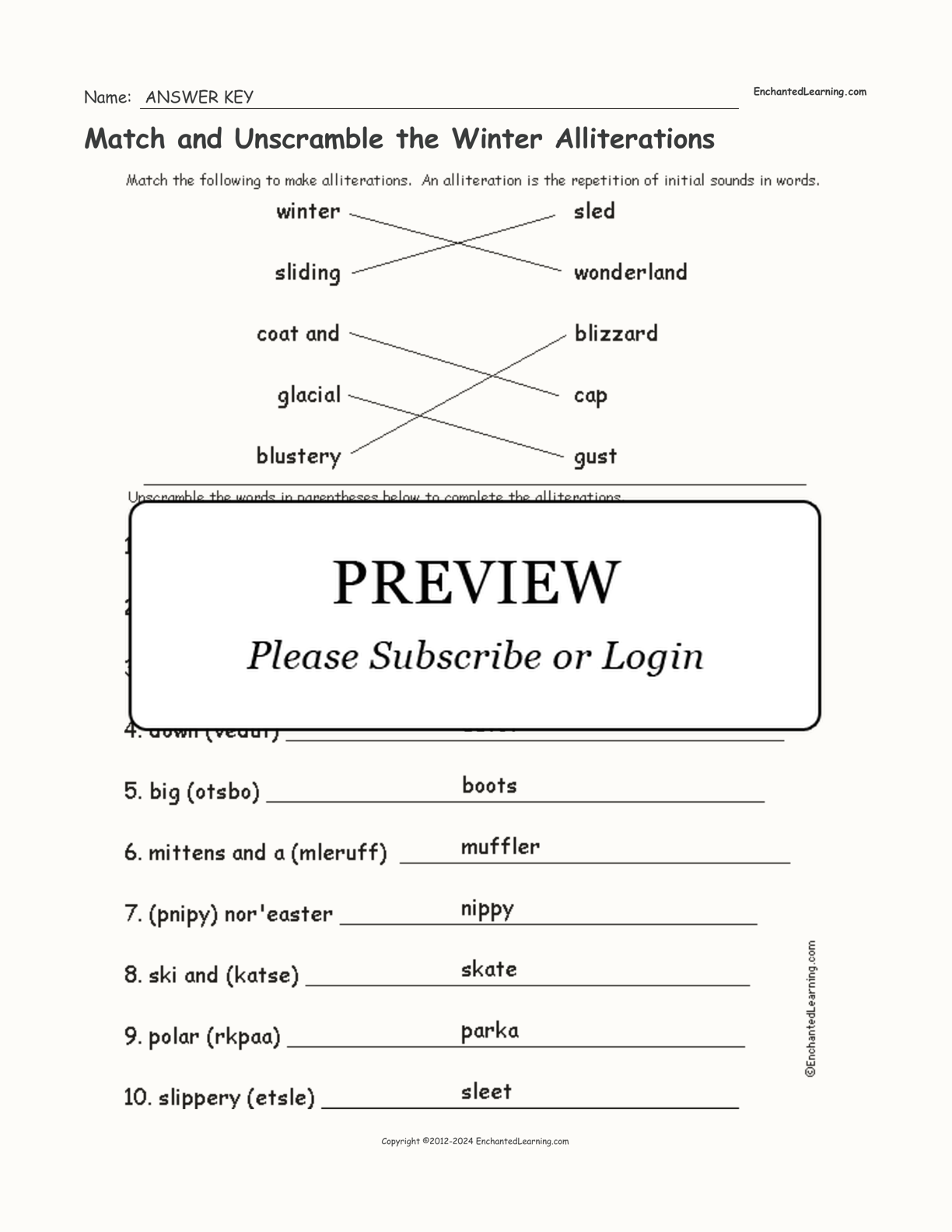 Match and Unscramble the Winter Alliterations interactive worksheet page 2