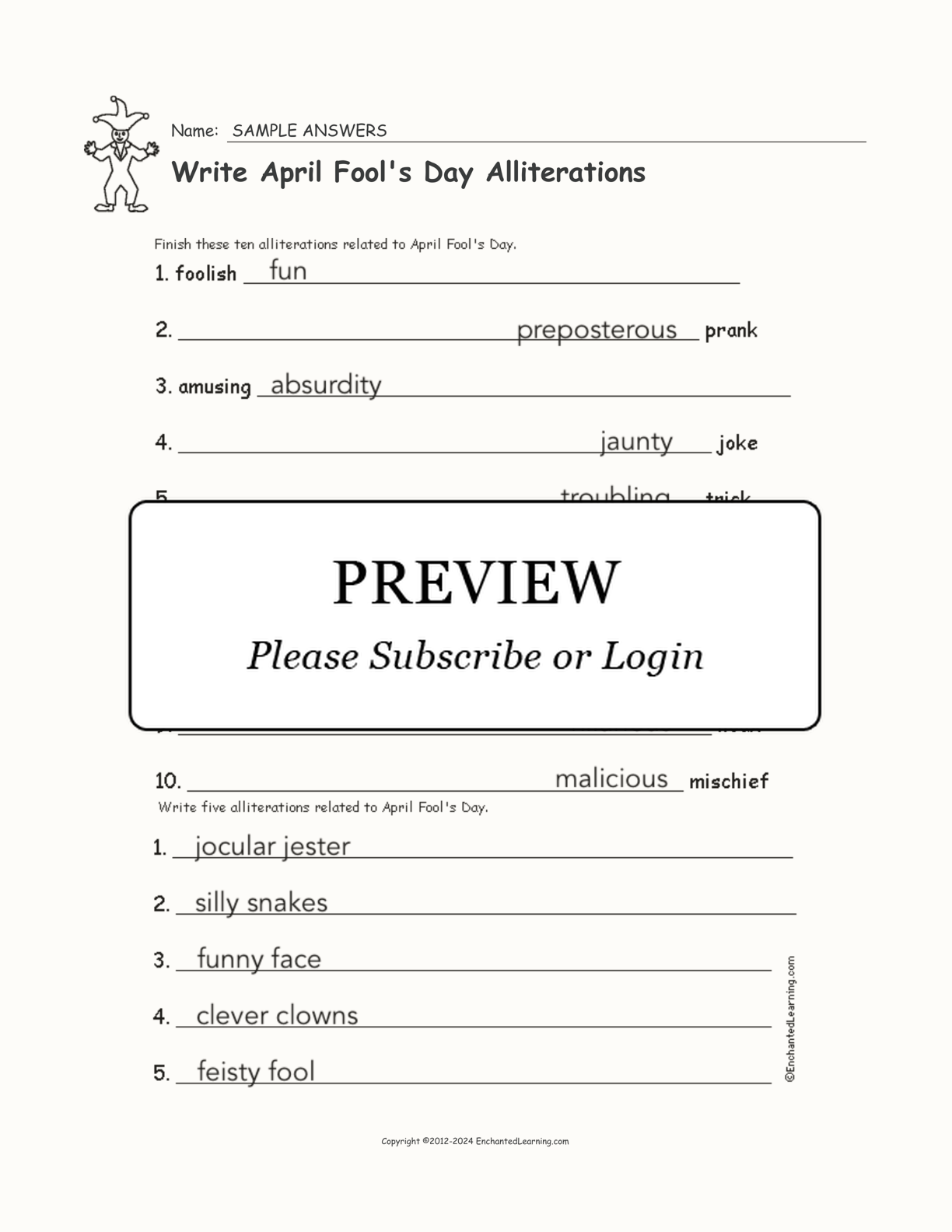 Write April Fool's Day Alliterations interactive worksheet page 2