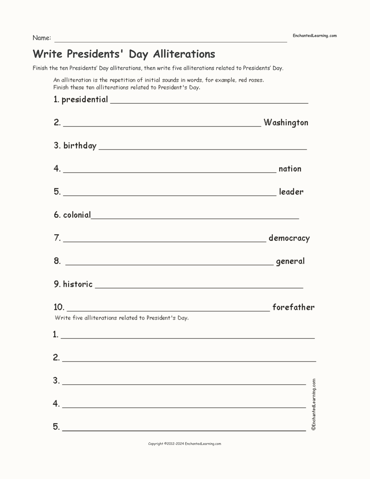 Write Presidents' Day Alliterations interactive printout page 1