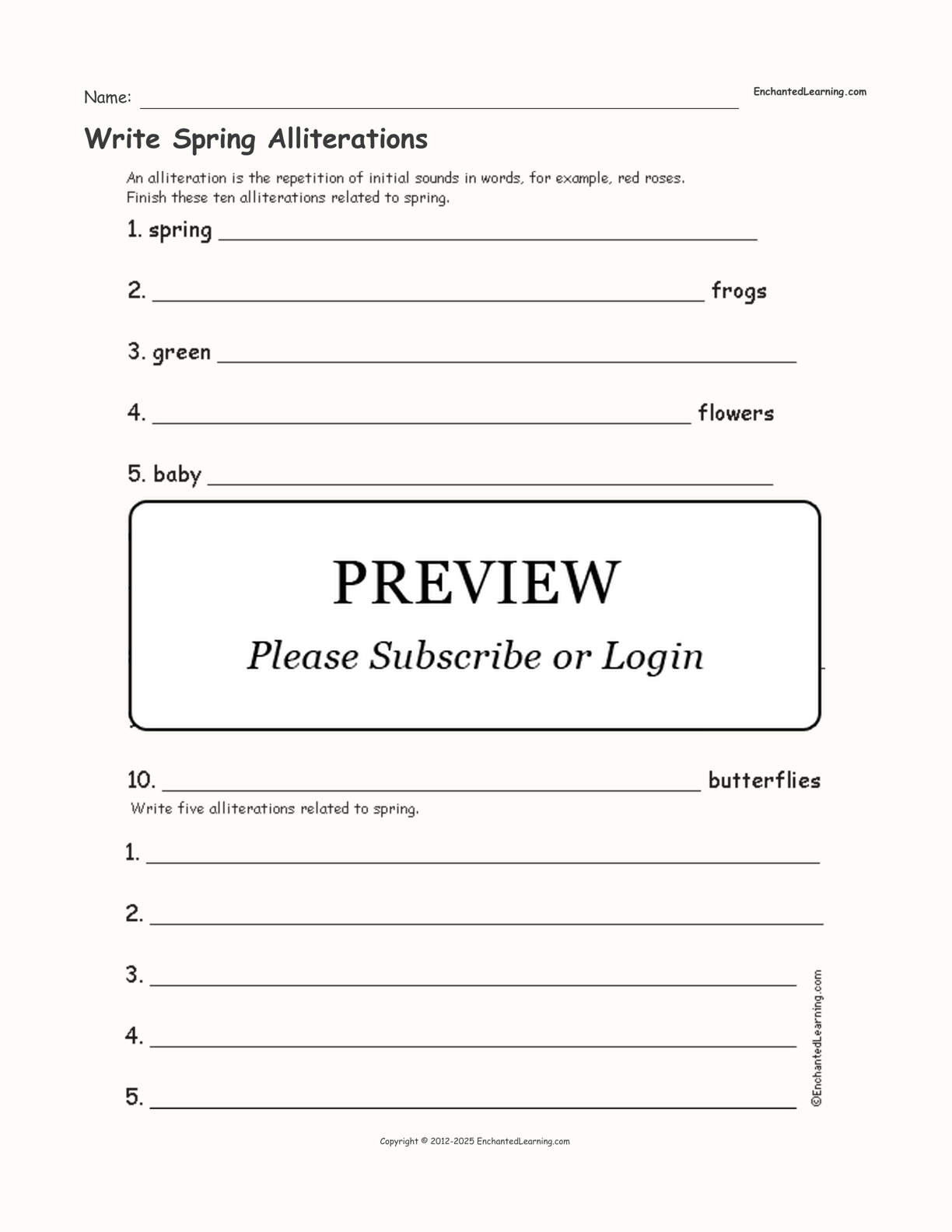 Write Spring Alliterations interactive worksheet page 1