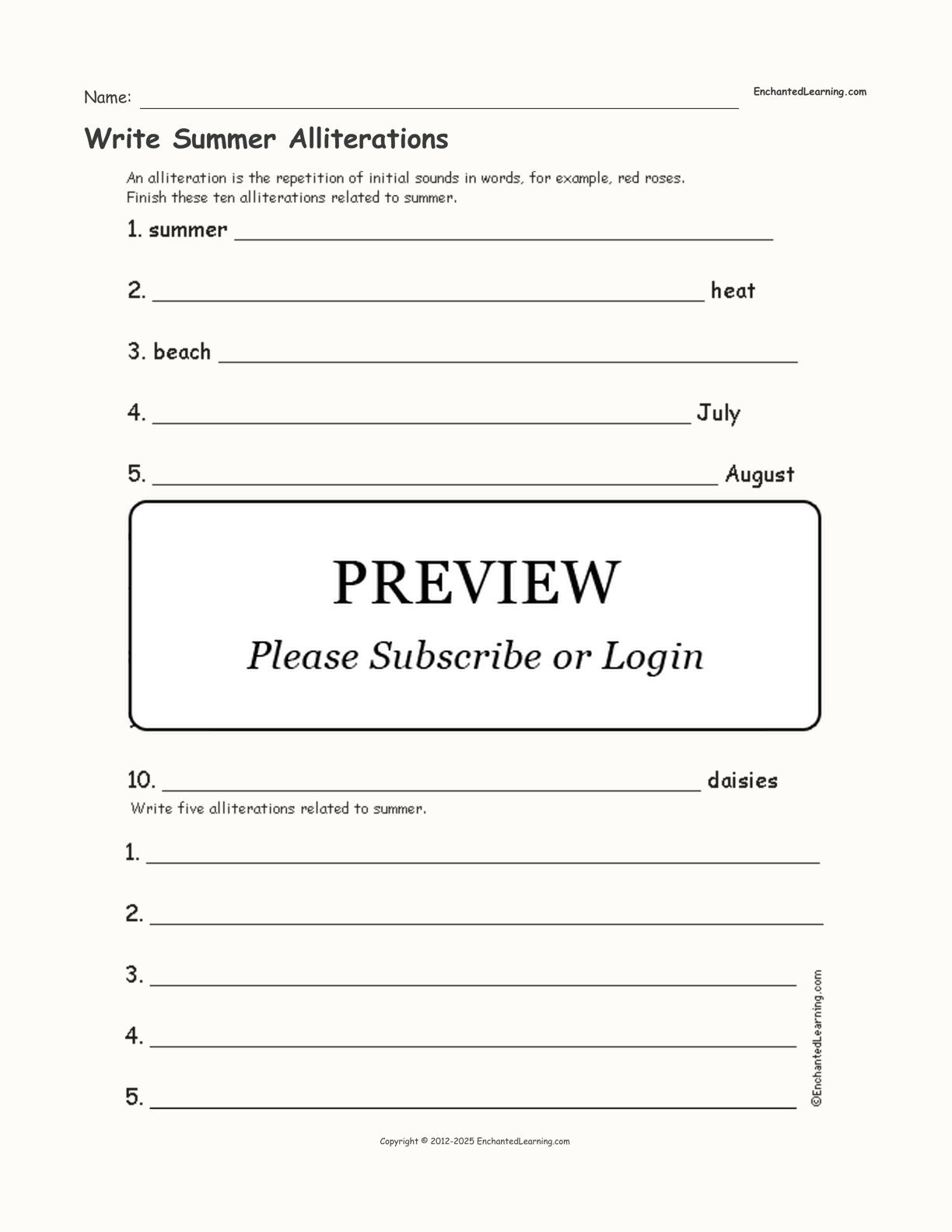 Write Summer Alliterations interactive worksheet page 1