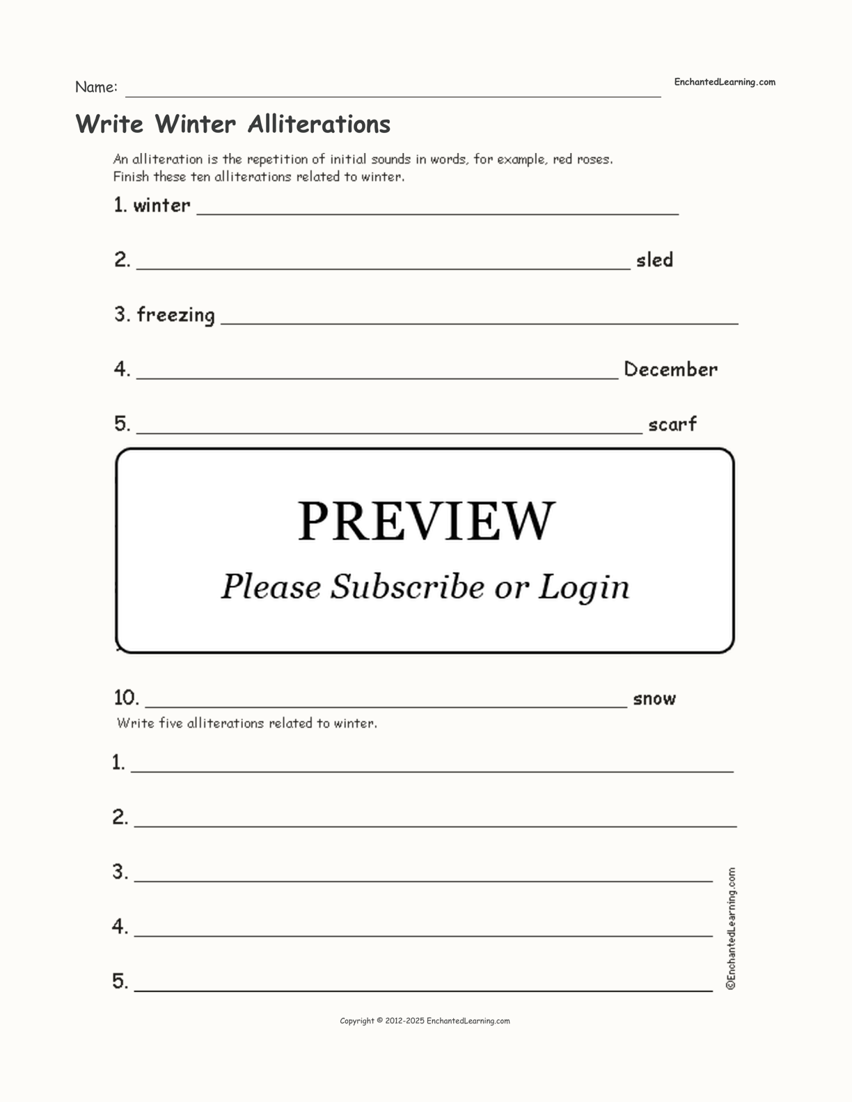 Write Winter Alliterations interactive worksheet page 1