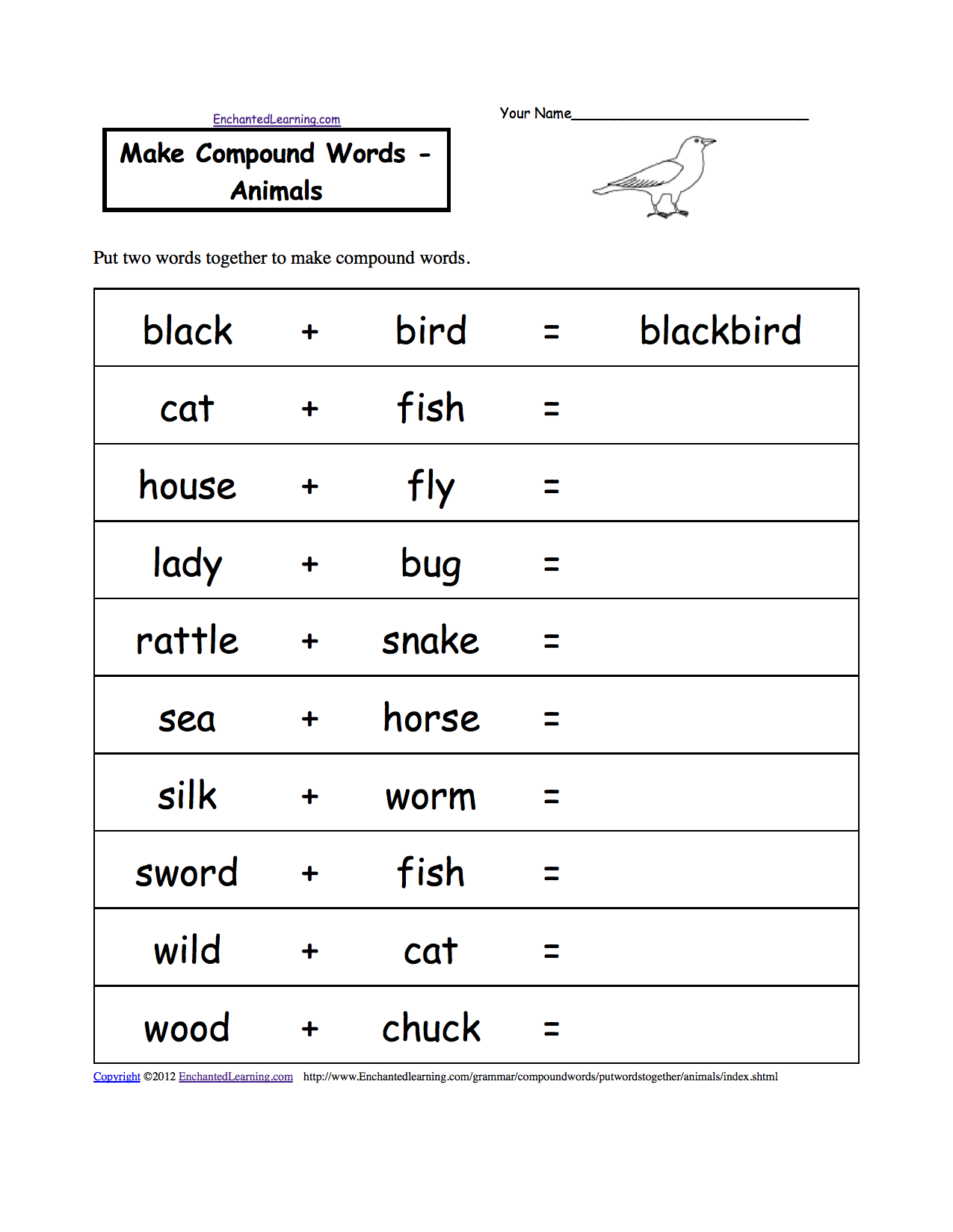 Make Compound Words - Animals, A Printable Worksheet. 