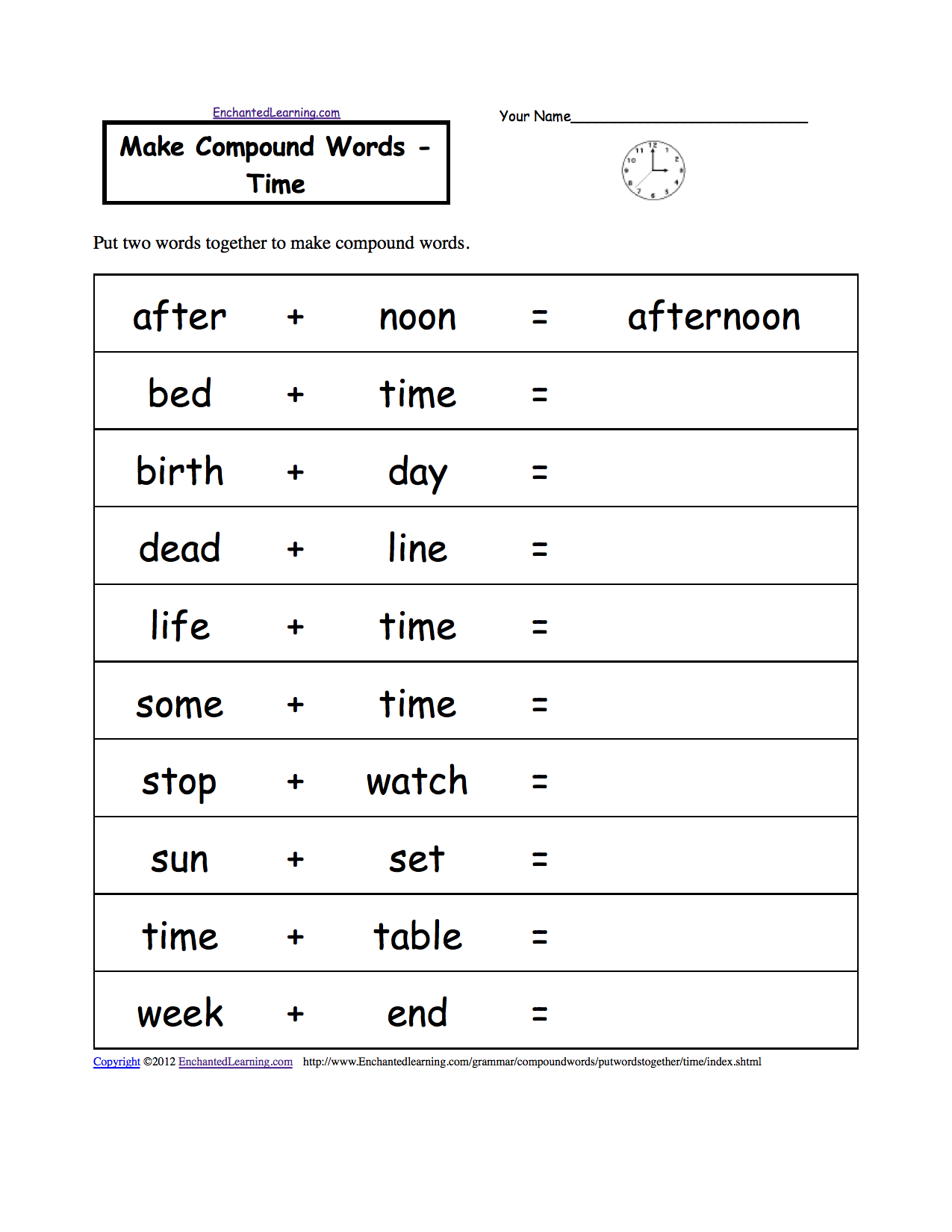 make compound words time and calendar a printable worksheet enchantedlearning com