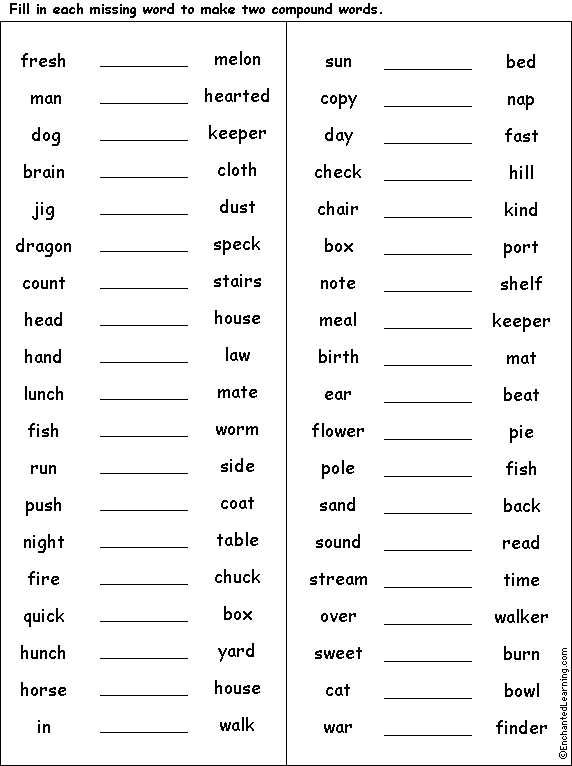 Compound Words Fill-in-the-Blanks Puzzle #1: Printout