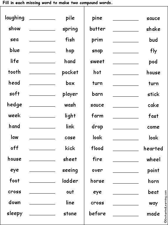 Compound Words Fill-in-the-Blanks Puzzle #2: Printout