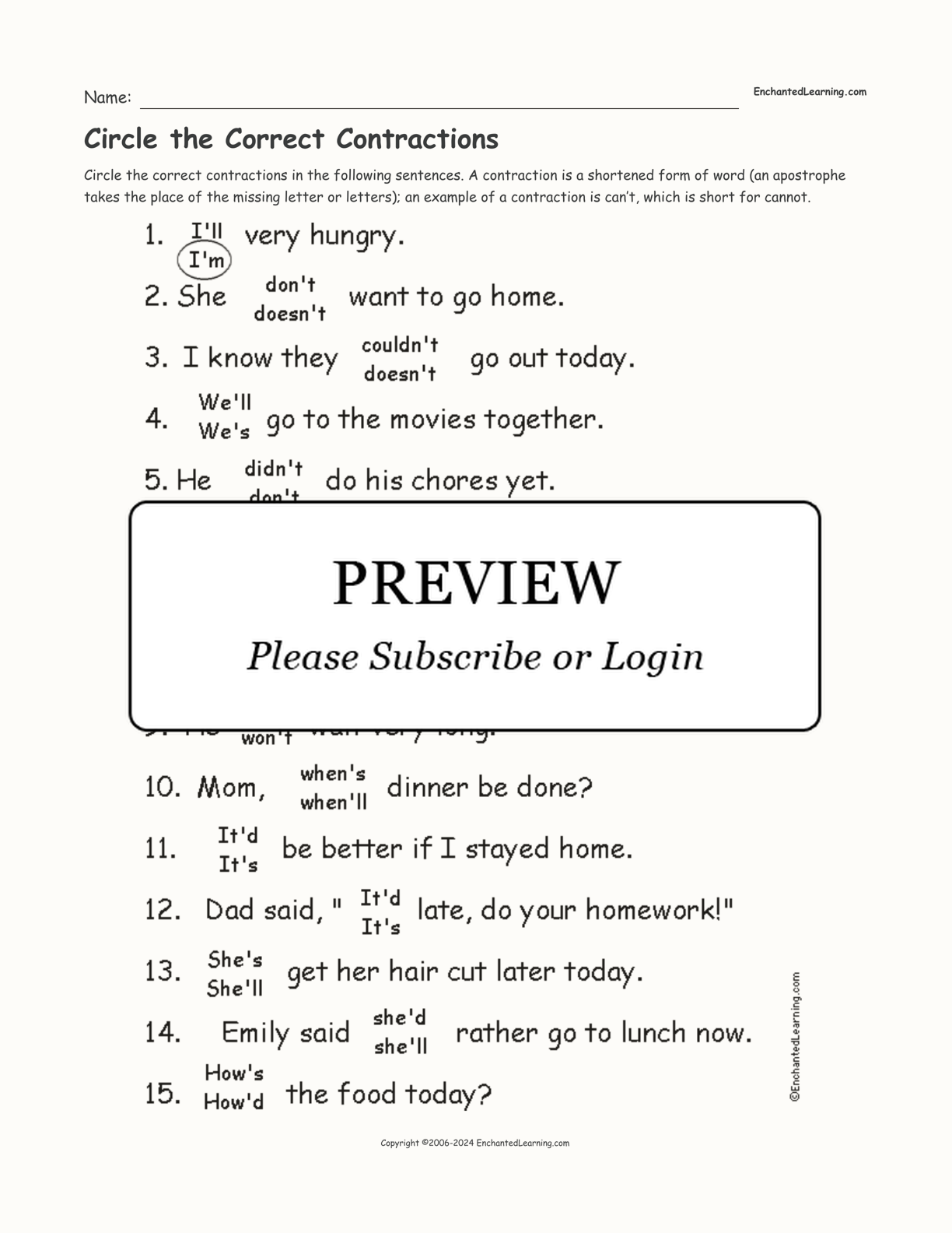 Circle the Correct Contractions interactive worksheet page 1