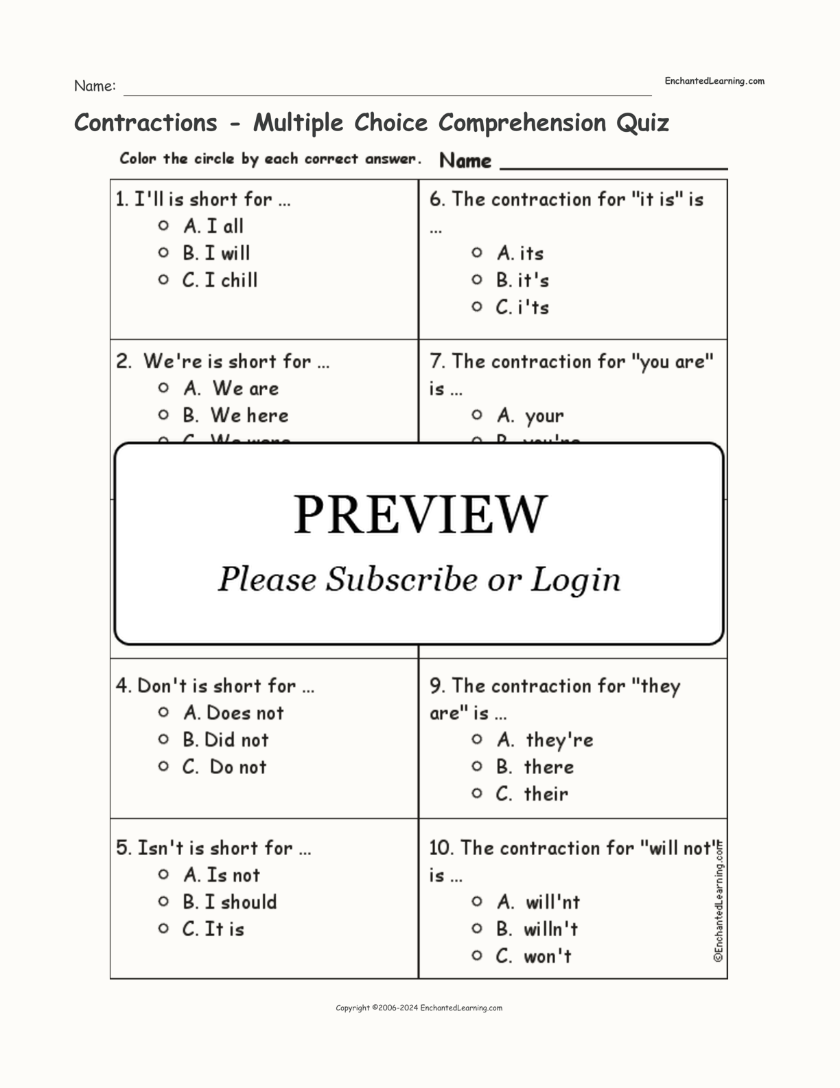 Contractions - Multiple Choice Comprehension Quiz interactive worksheet page 1