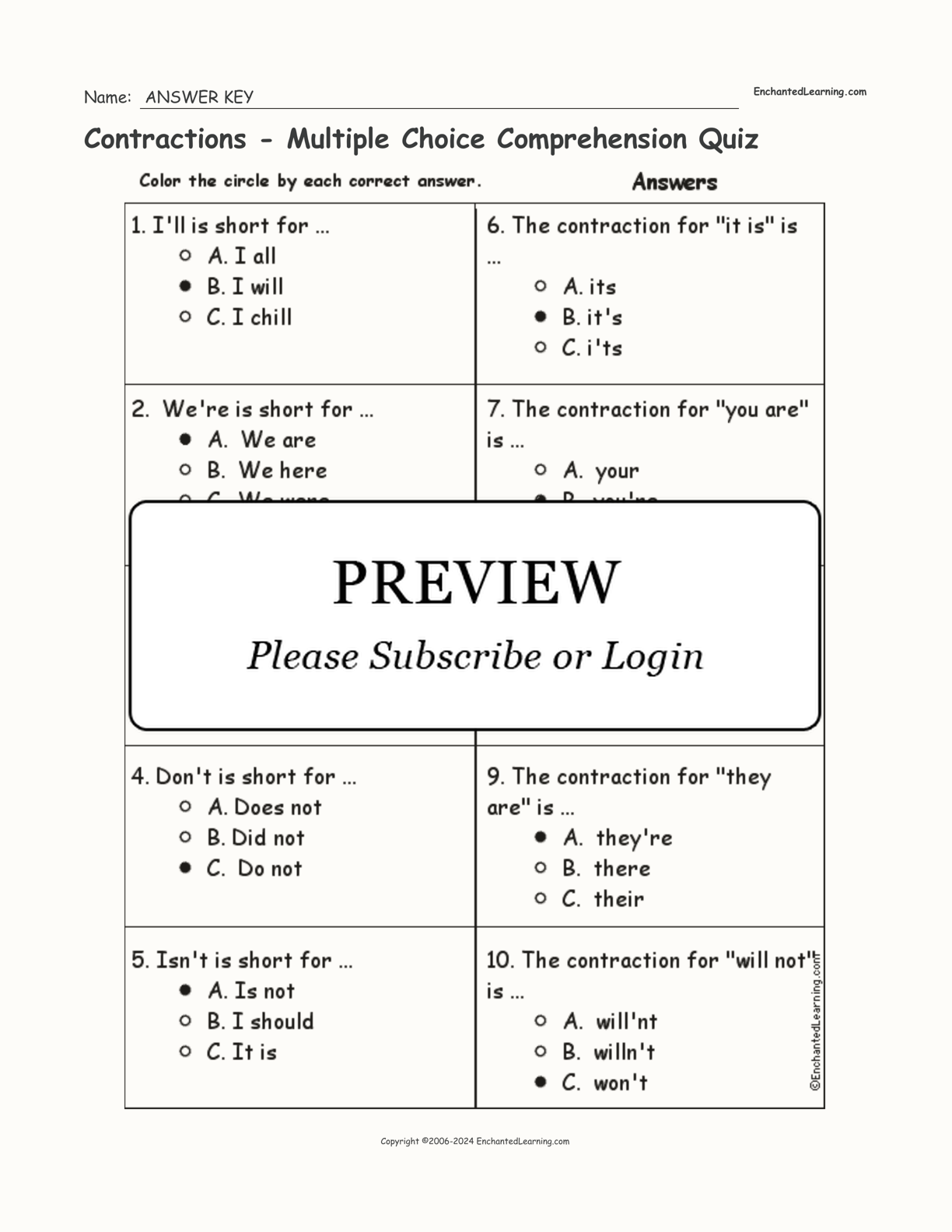 Contractions - Multiple Choice Comprehension Quiz interactive worksheet page 2