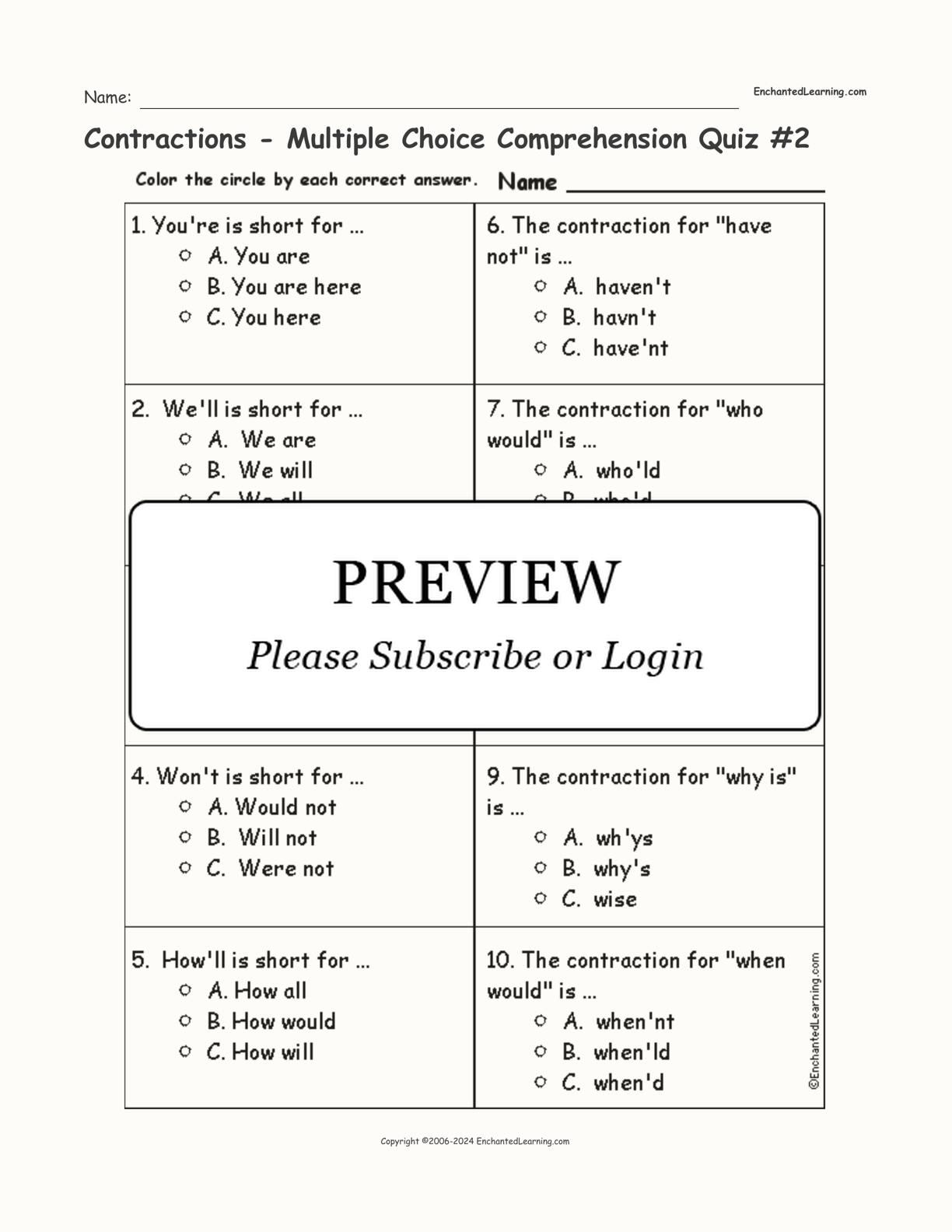 Contractions - Multiple Choice Comprehension Quiz #2 interactive worksheet page 1