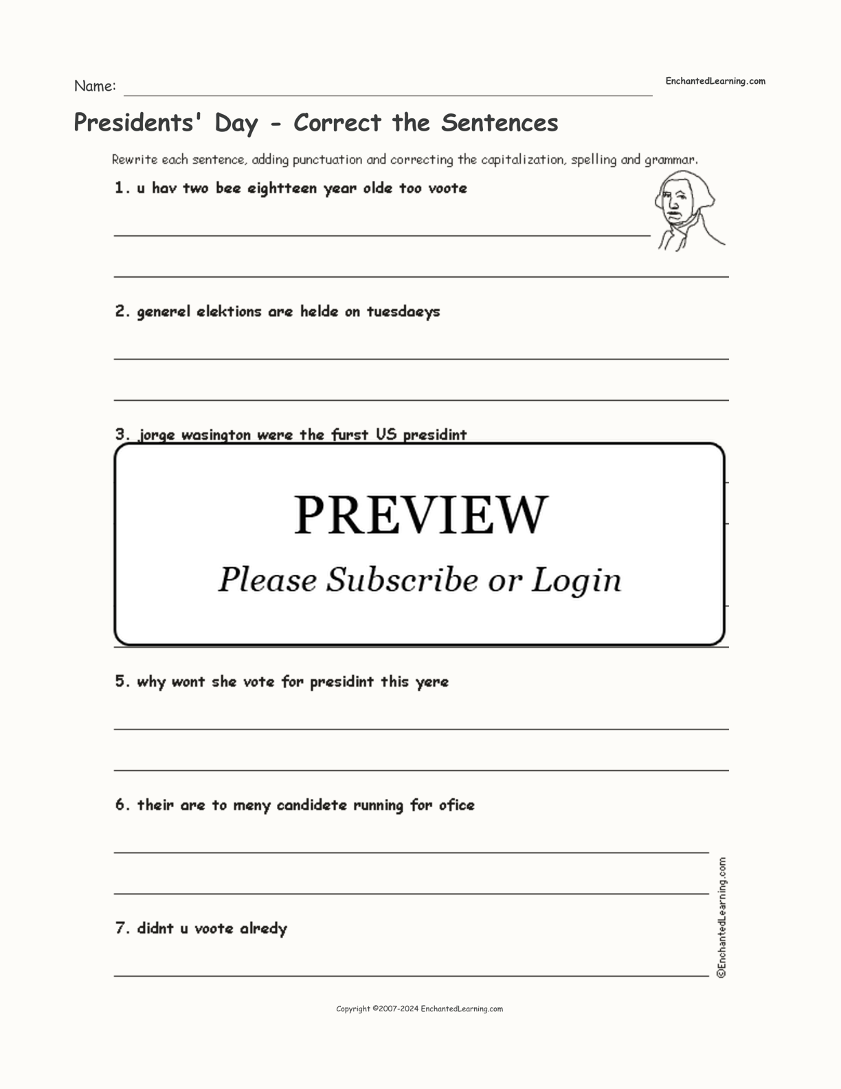 Presidents' Day - Correct the Sentences interactive worksheet page 1