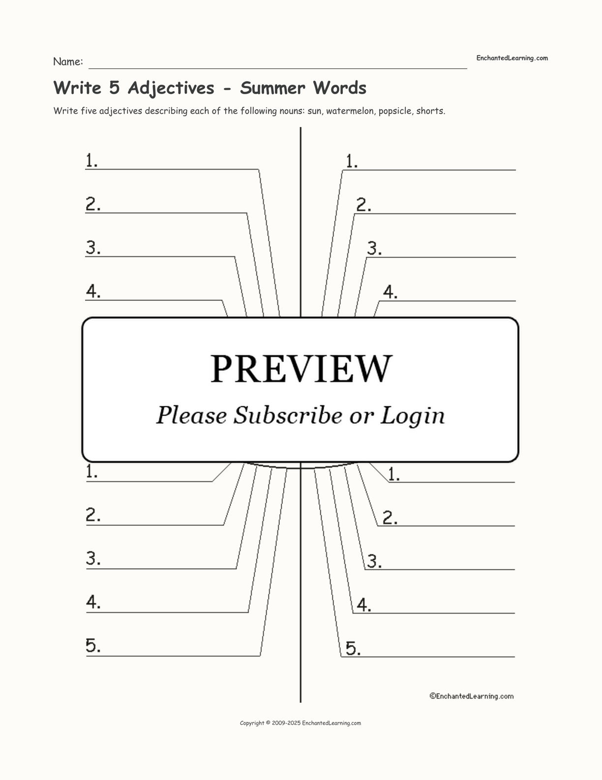 Write 5 Adjectives - Summer Words interactive worksheet page 1