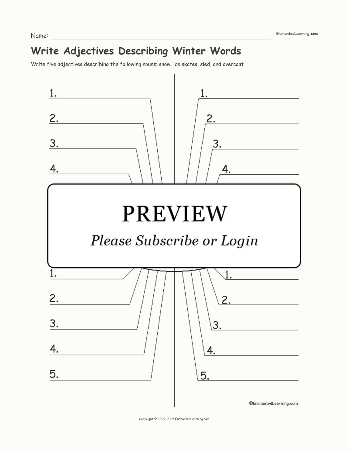 Write Adjectives Describing Winter Words interactive worksheet page 1